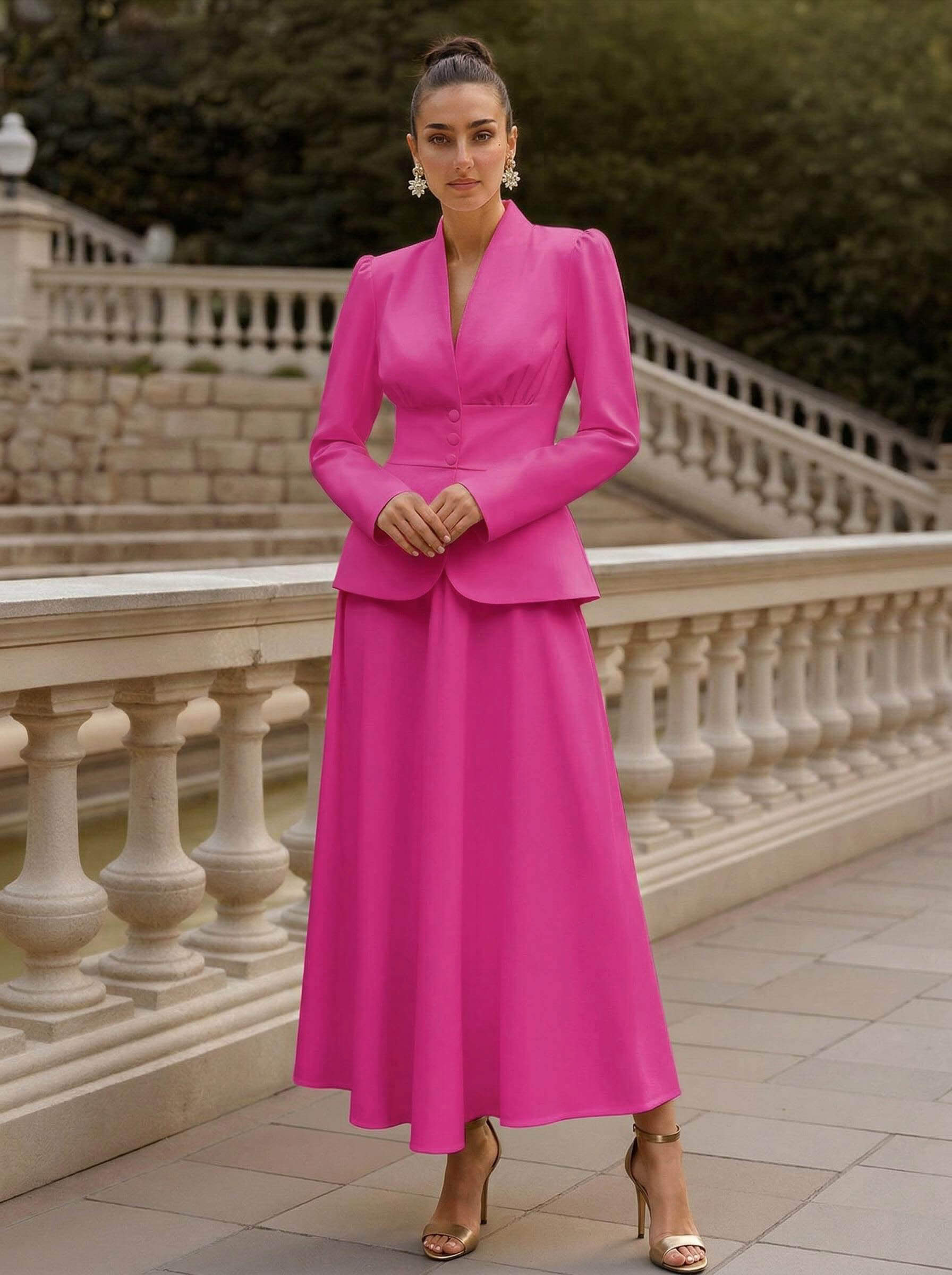 Two Pieces A-Line V-Neck Long Sleeves Ankle-Length Elastic Satin Mother Of The Bride Dresses