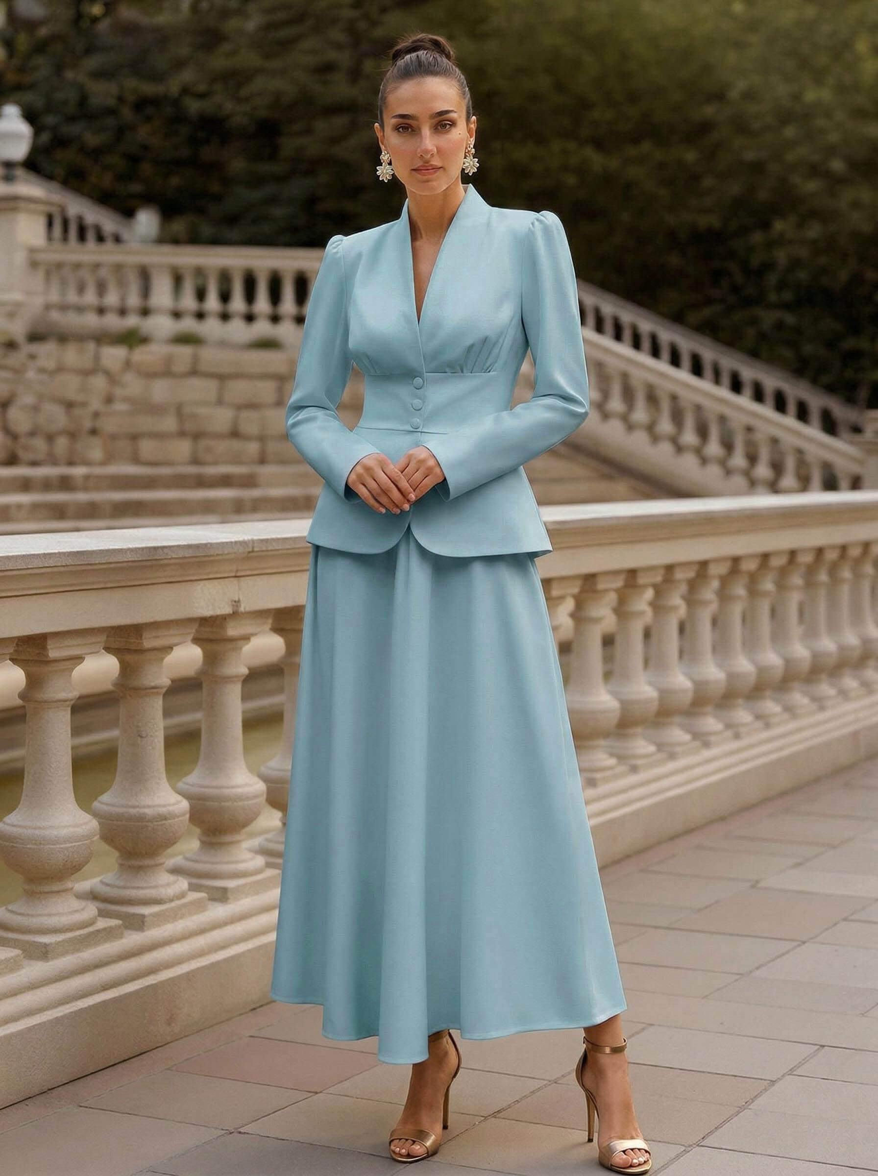 Two Pieces A-Line V-Neck Long Sleeves Ankle-Length Elastic Satin Mother Of The Bride Dresses