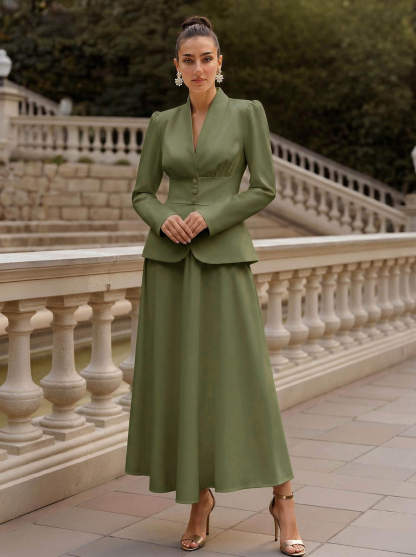 Two Pieces A-Line V-Neck Long Sleeves Ankle-Length Elastic Satin Mother Of The Bride Dresses
