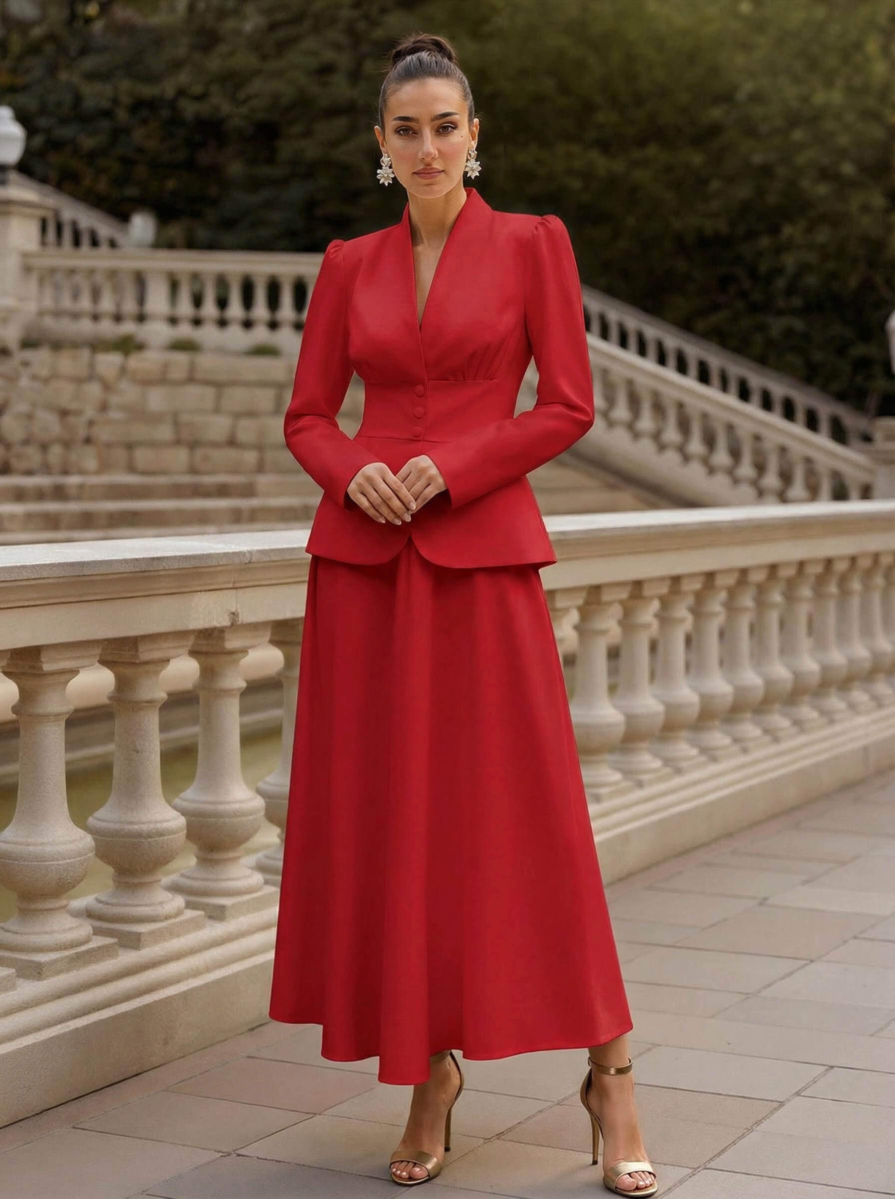 Two Pieces A-Line V-Neck Long Sleeves Ankle-Length Elastic Satin Mother Of The Bride Dresses
