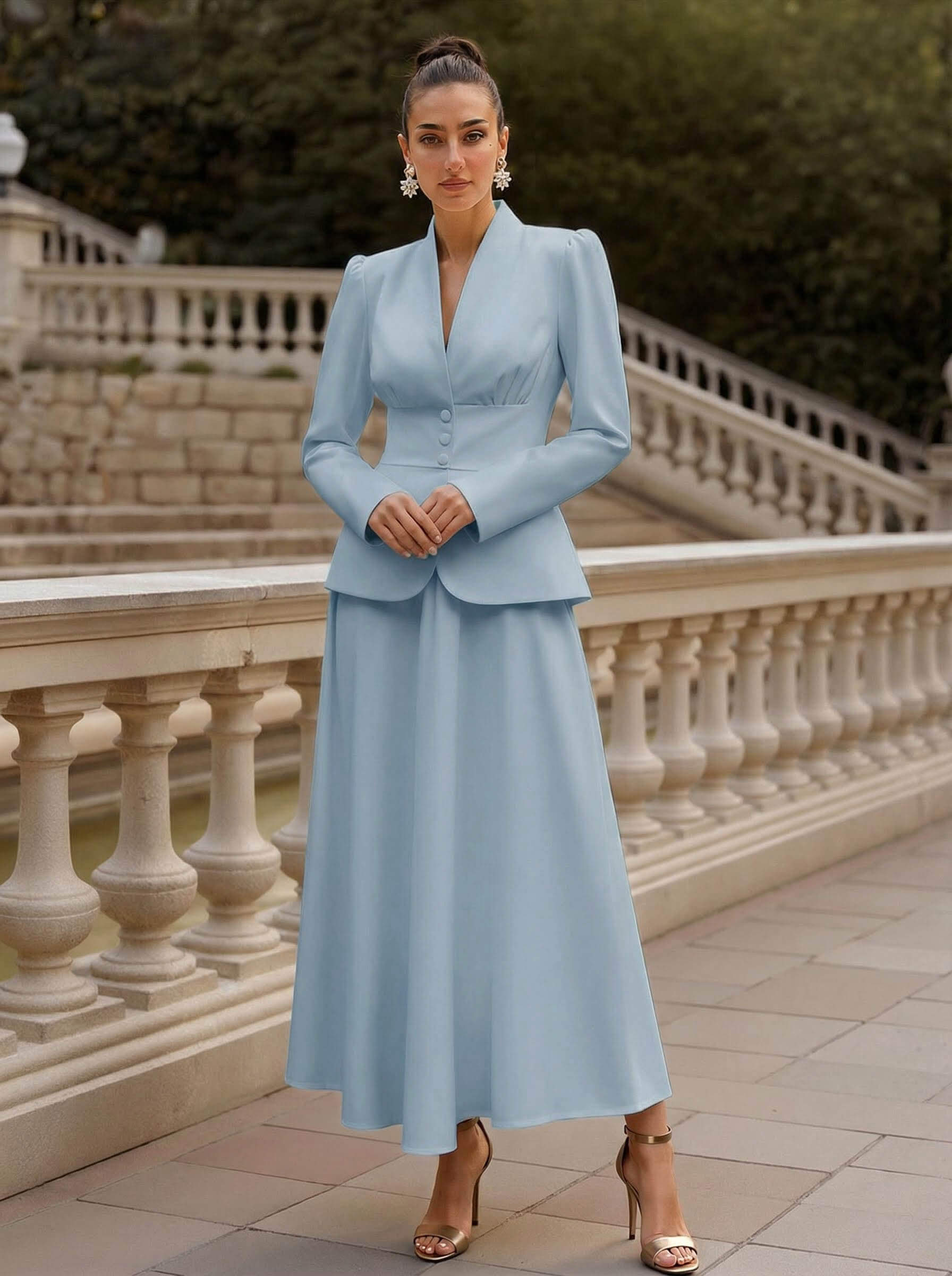 Two Pieces A-Line V-Neck Long Sleeves Ankle-Length Elastic Satin Mother Of The Bride Dresses