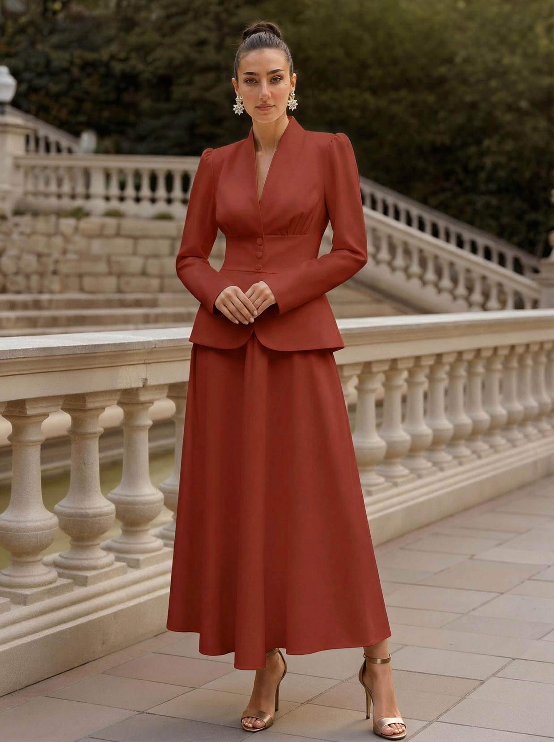 Two Pieces A-Line V-Neck Long Sleeves Ankle-Length Elastic Satin Mother Of The Bride Dresses