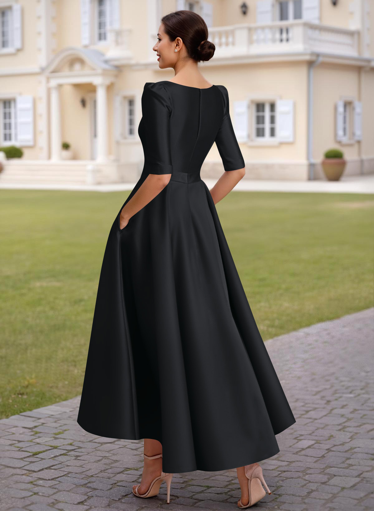 A-Line V-Neck 1/2 Sleeves Ankle-Length Satin Mother Of The Bride Dresses