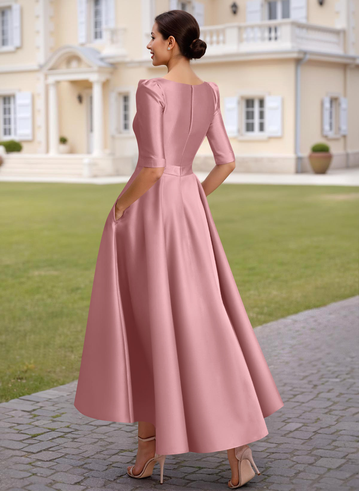A-Line V-Neck 1/2 Sleeves Ankle-Length Satin Mother Of The Bride Dresses