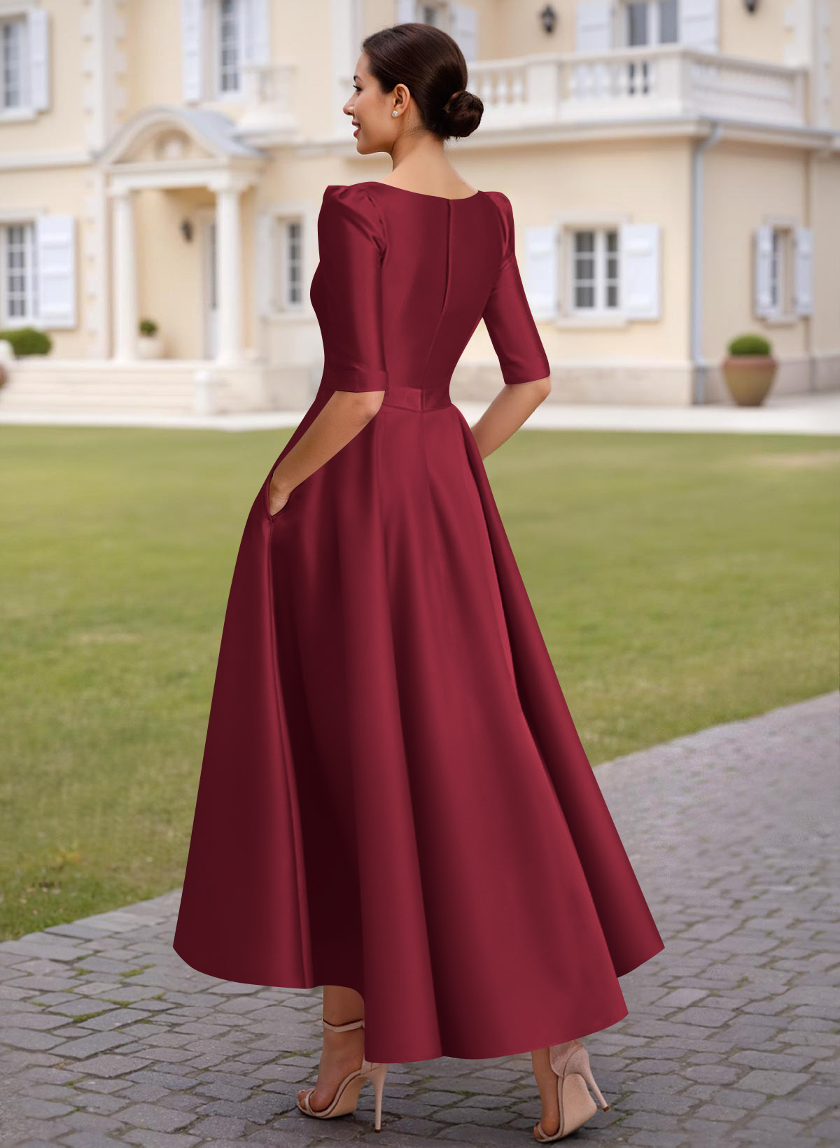 A-Line V-Neck 1/2 Sleeves Ankle-Length Satin Mother Of The Bride Dresses