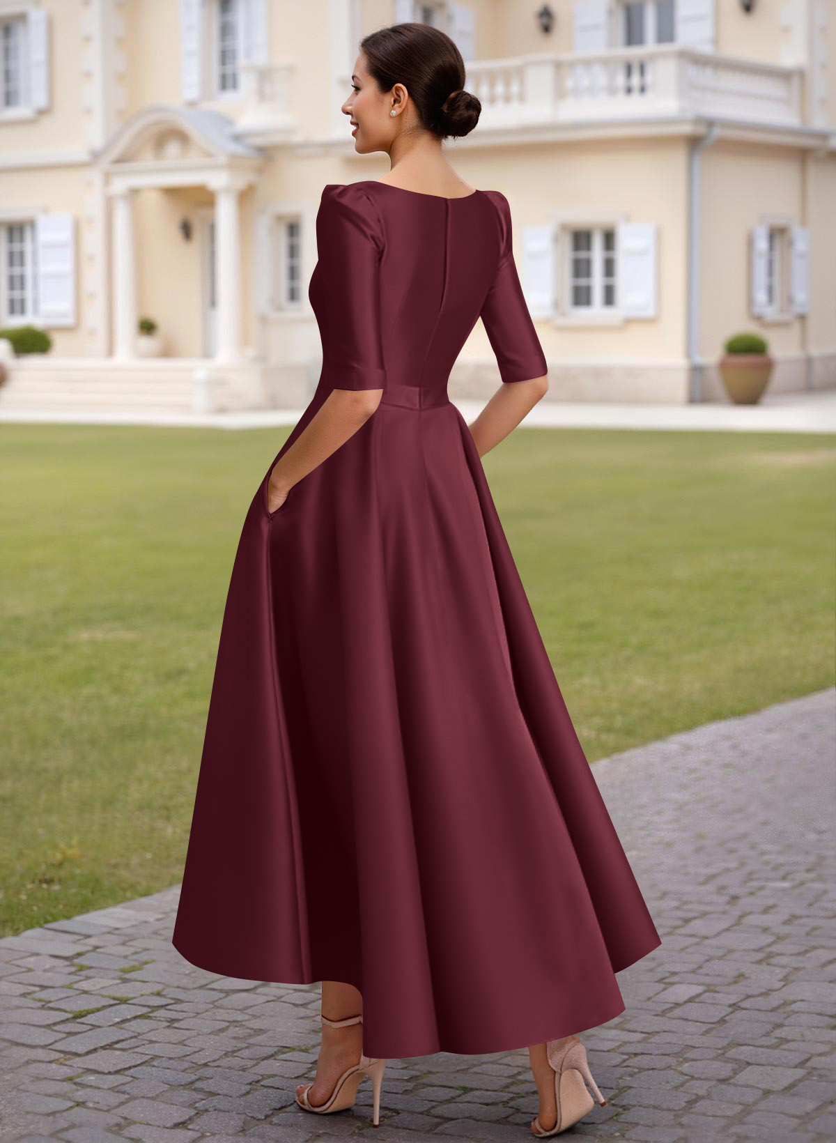 A-Line V-Neck 1/2 Sleeves Ankle-Length Satin Mother Of The Bride Dresses