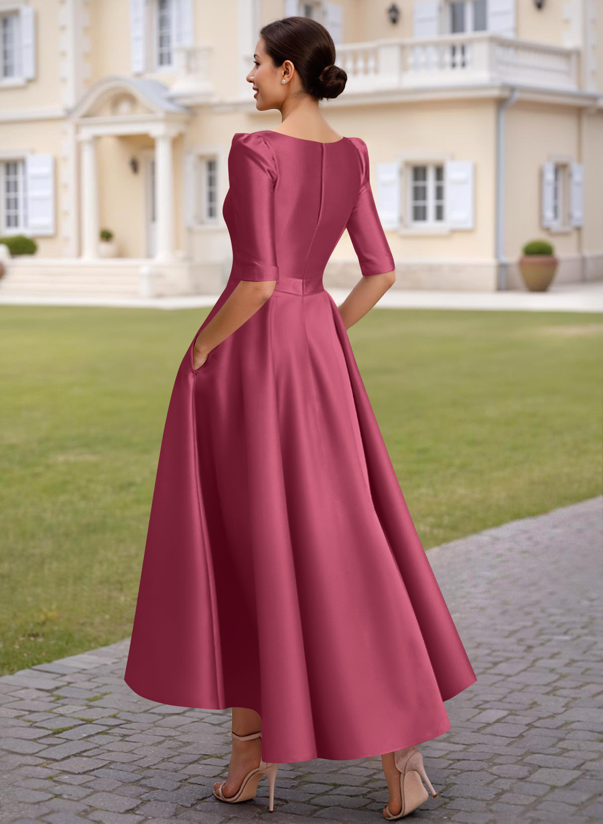 A-Line V-Neck 1/2 Sleeves Ankle-Length Satin Mother Of The Bride Dresses