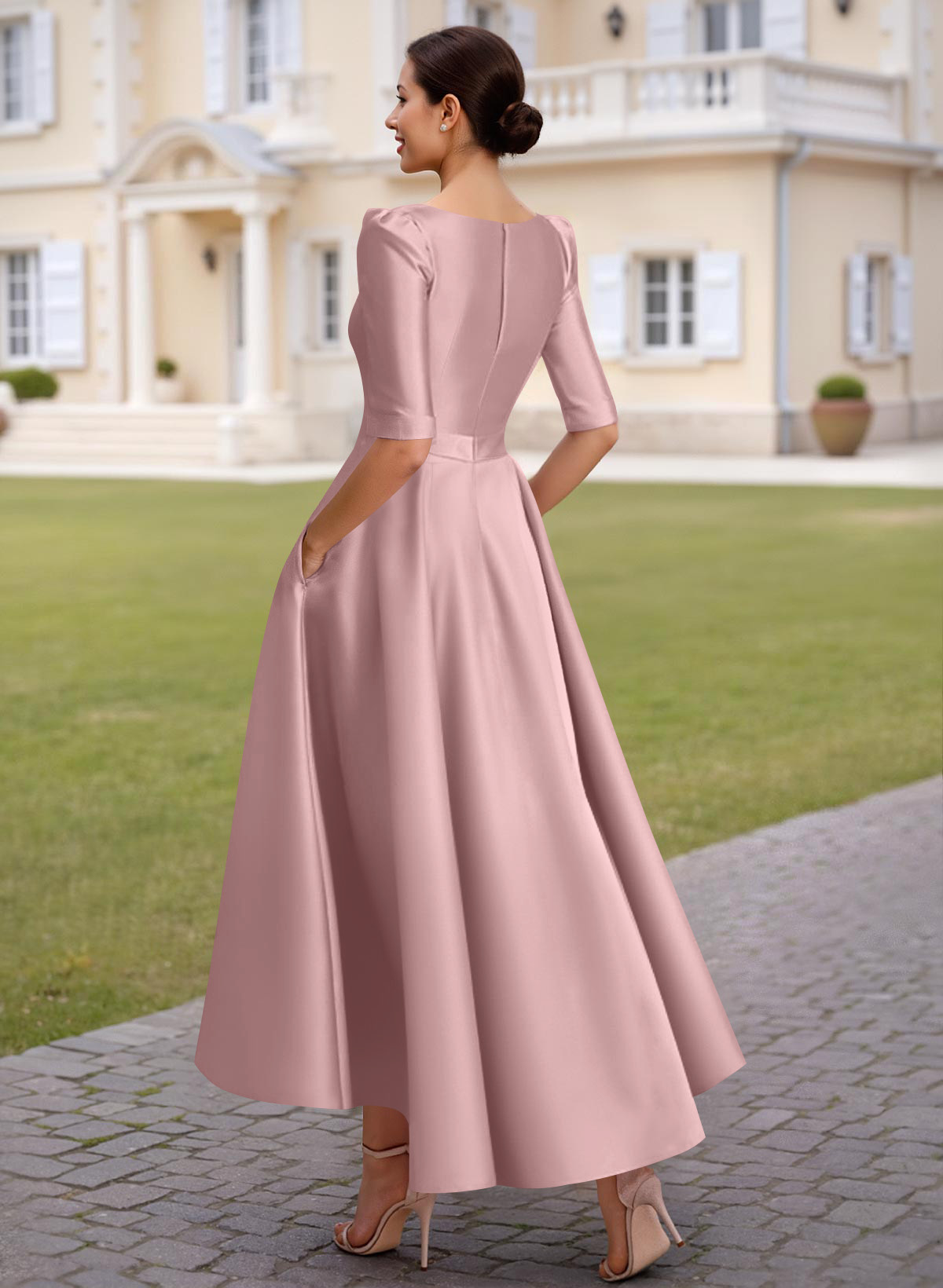 A-Line V-Neck 1/2 Sleeves Ankle-Length Satin Mother Of The Bride Dresses