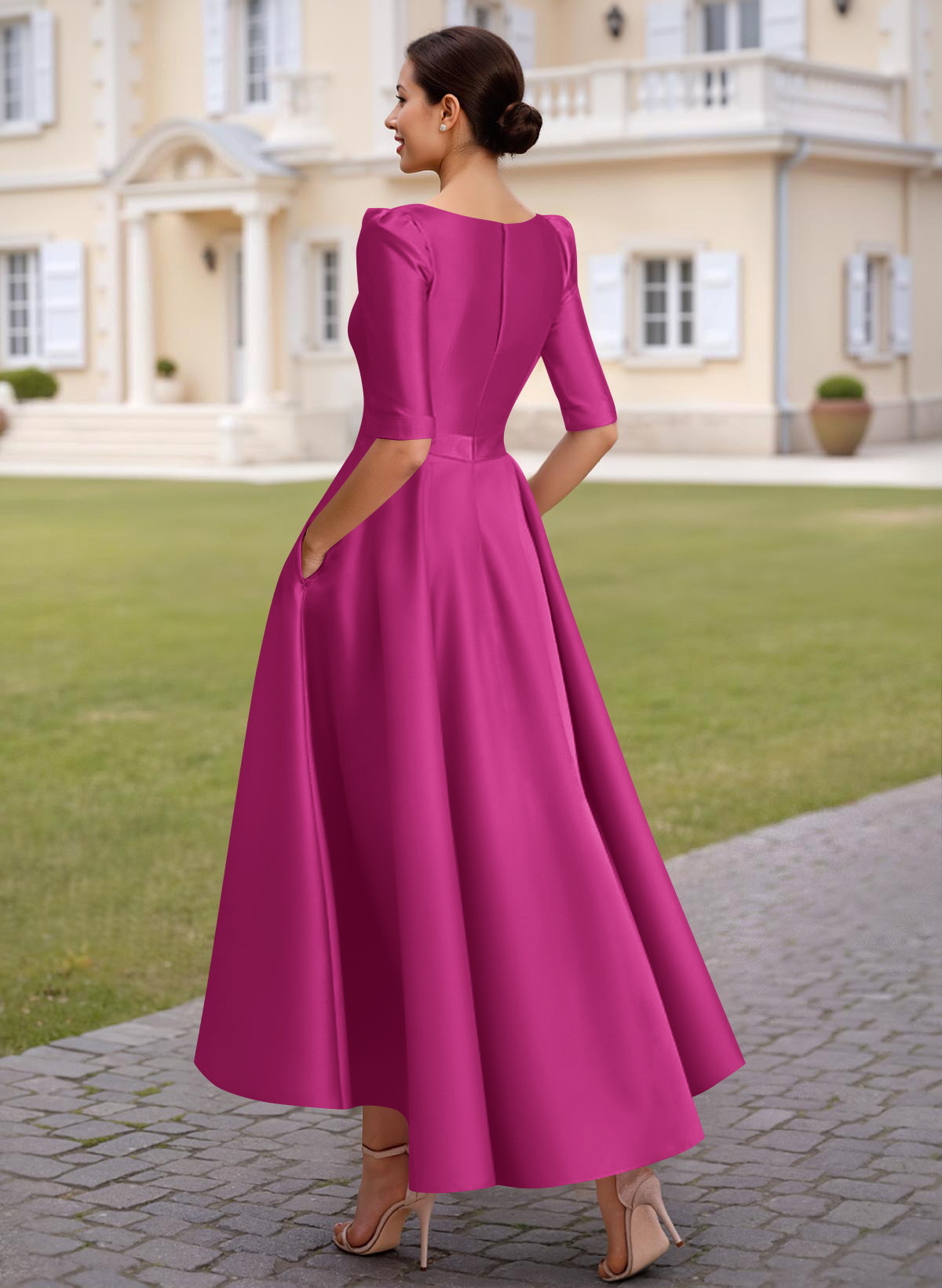 A-Line V-Neck 1/2 Sleeves Ankle-Length Satin Mother Of The Bride Dresses