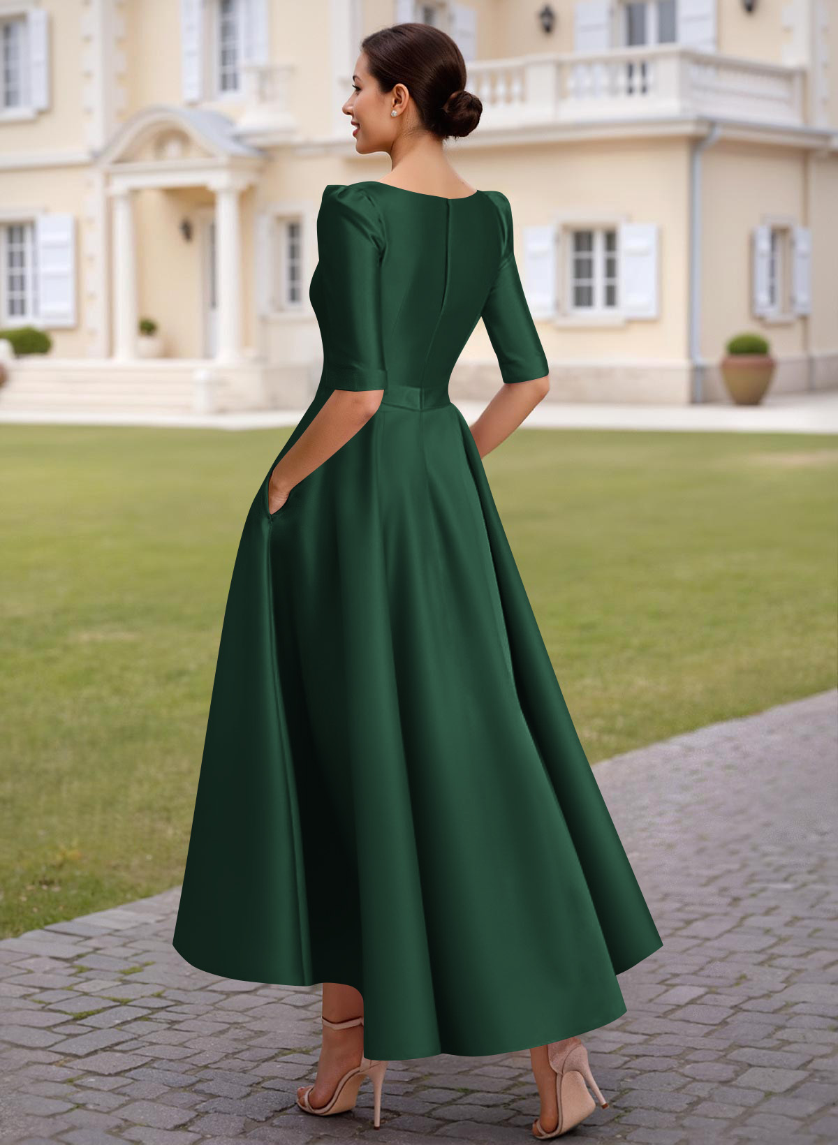 A-Line V-Neck 1/2 Sleeves Ankle-Length Satin Mother Of The Bride Dresses
