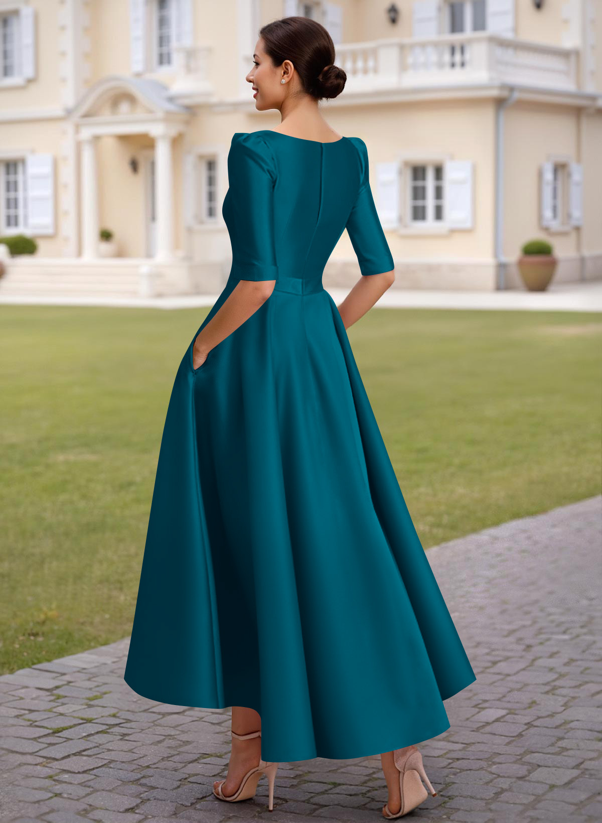 A-Line V-Neck 1/2 Sleeves Ankle-Length Satin Mother Of The Bride Dresses