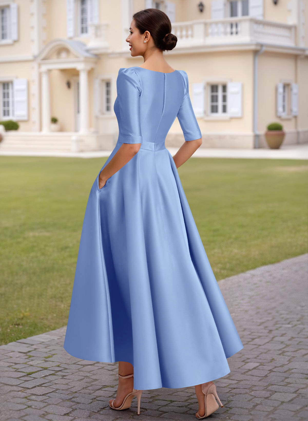 A-Line V-Neck 1/2 Sleeves Ankle-Length Satin Mother Of The Bride Dresses