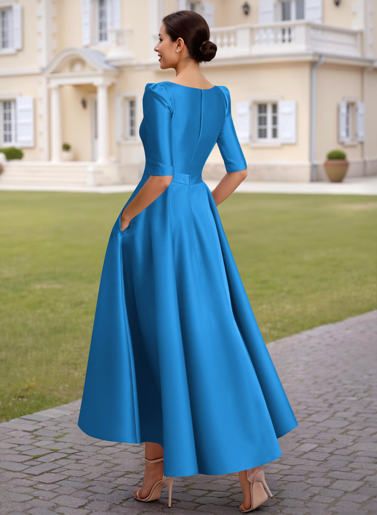 A-Line V-Neck 1/2 Sleeves Ankle-Length Satin Mother Of The Bride Dresses