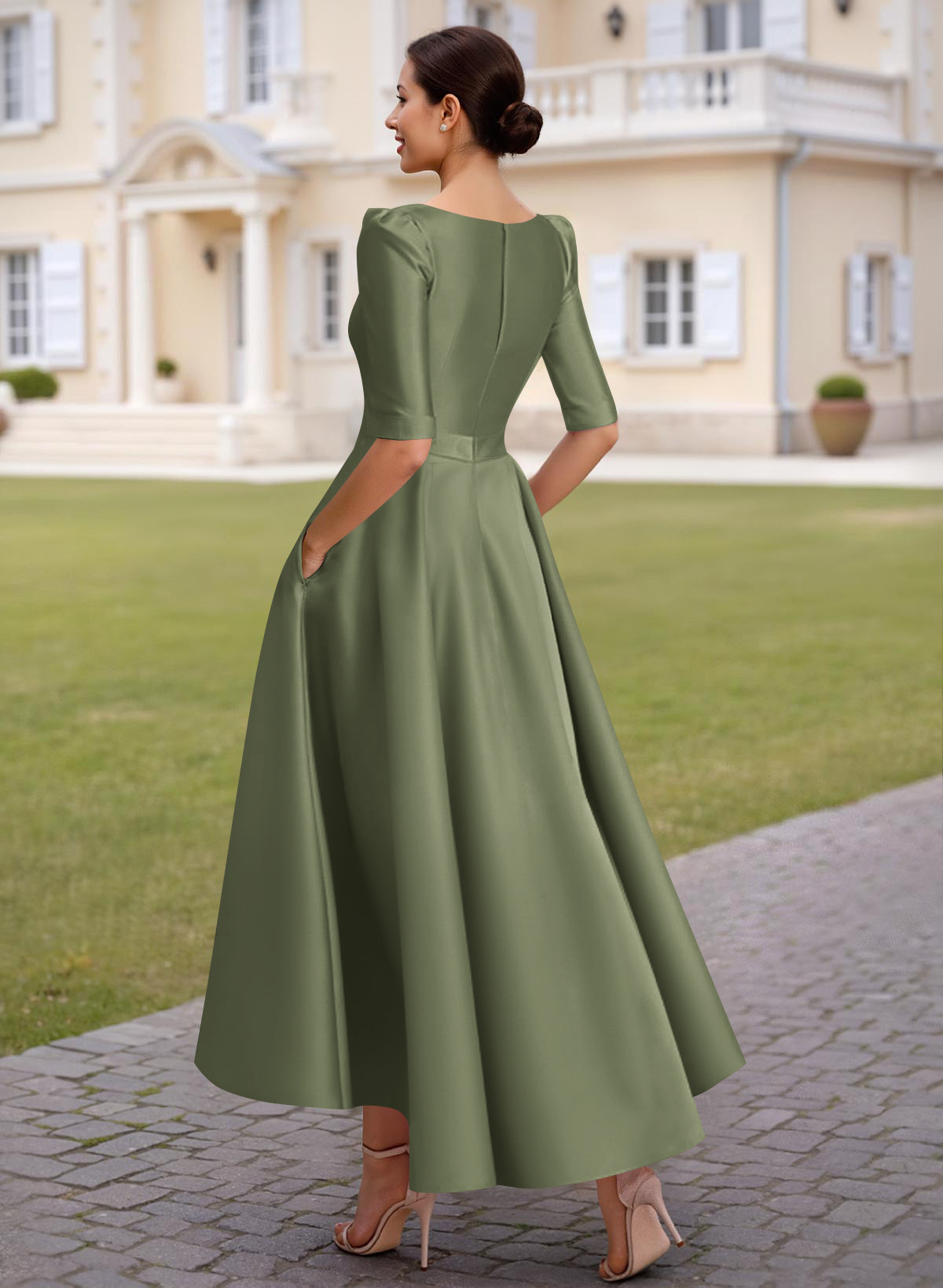 A-Line V-Neck 1/2 Sleeves Ankle-Length Satin Mother Of The Bride Dresses