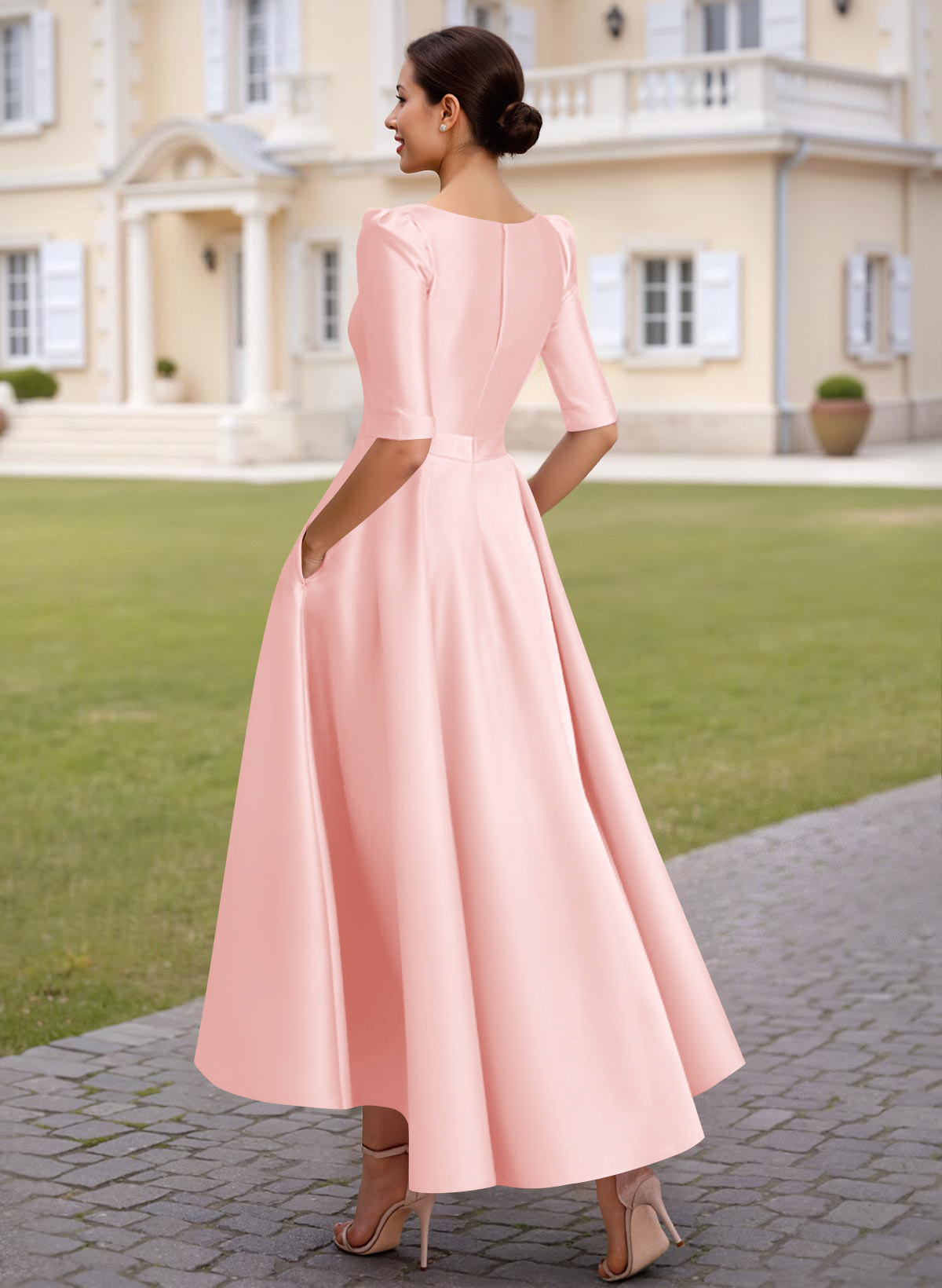 A-Line V-Neck 1/2 Sleeves Ankle-Length Satin Mother Of The Bride Dresses
