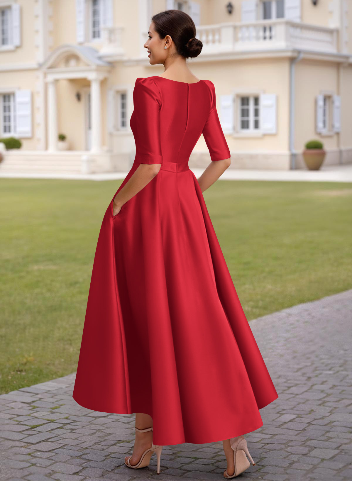 A-Line V-Neck 1/2 Sleeves Ankle-Length Satin Mother Of The Bride Dresses