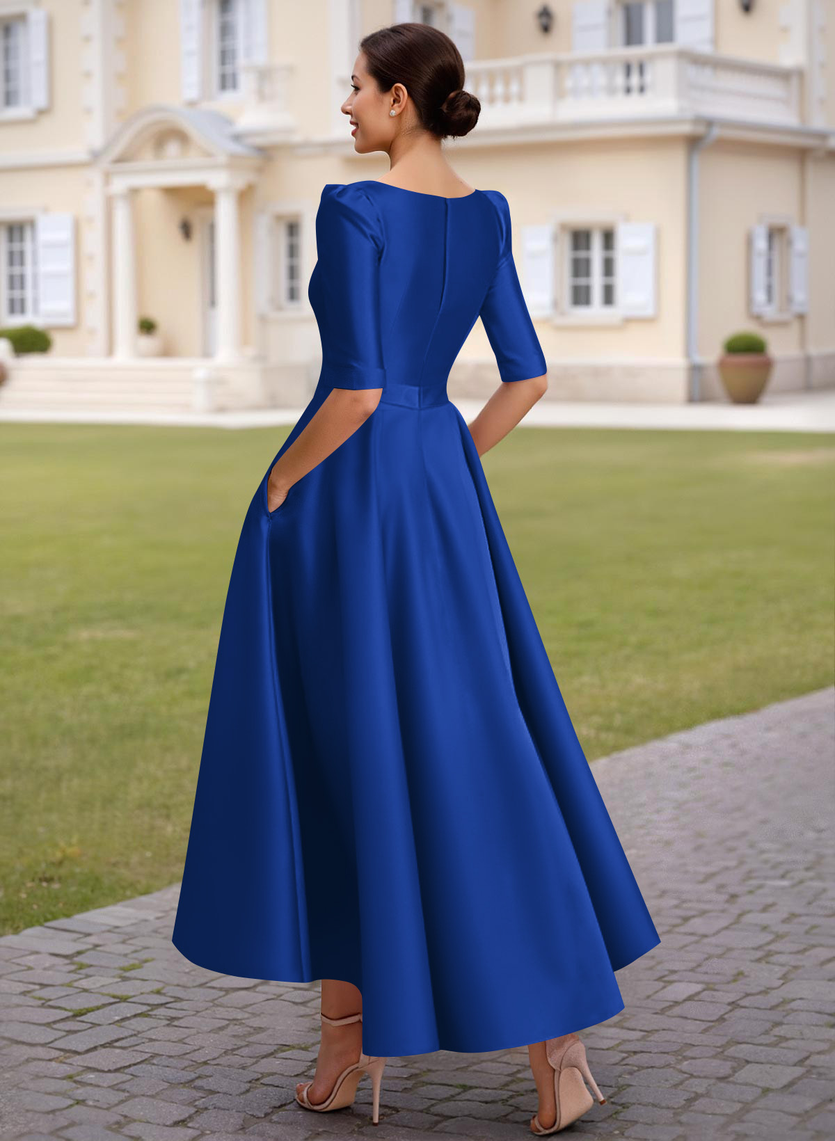 A-Line V-Neck 1/2 Sleeves Ankle-Length Satin Mother Of The Bride Dresses