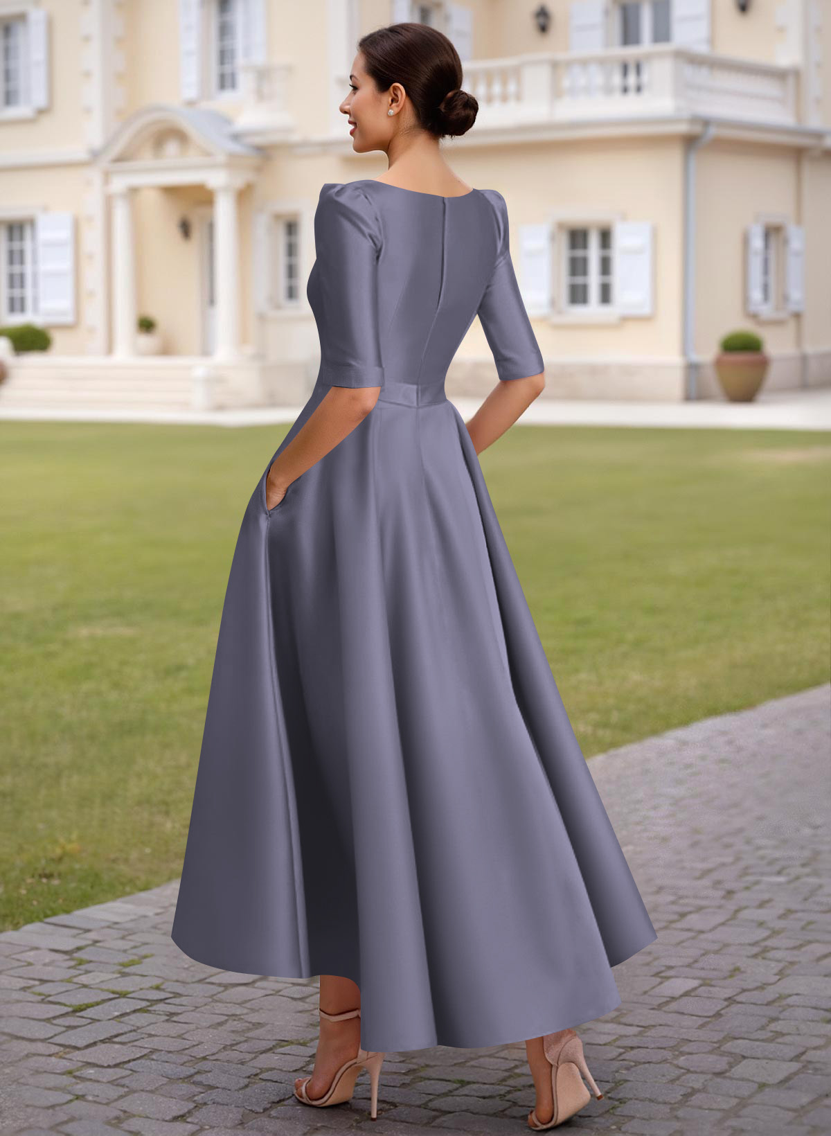 A-Line V-Neck 1/2 Sleeves Ankle-Length Satin Mother Of The Bride Dresses