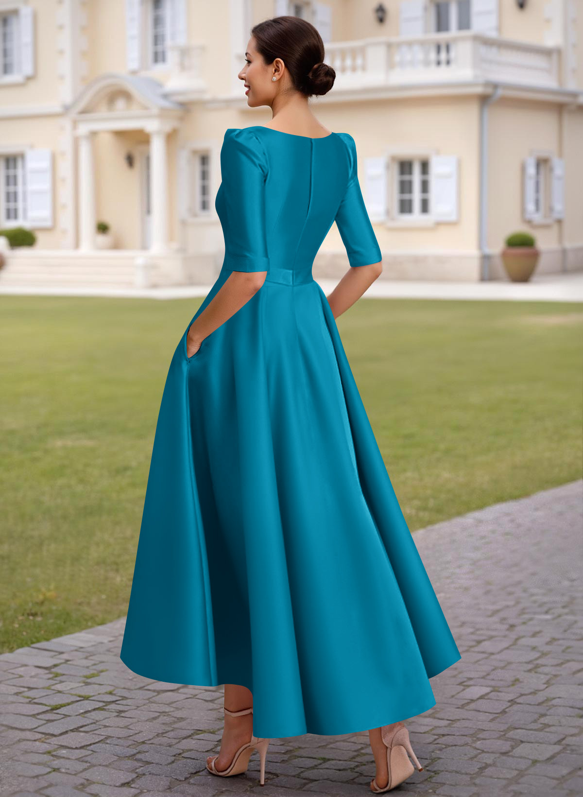 A-Line V-Neck 1/2 Sleeves Ankle-Length Satin Mother Of The Bride Dresses