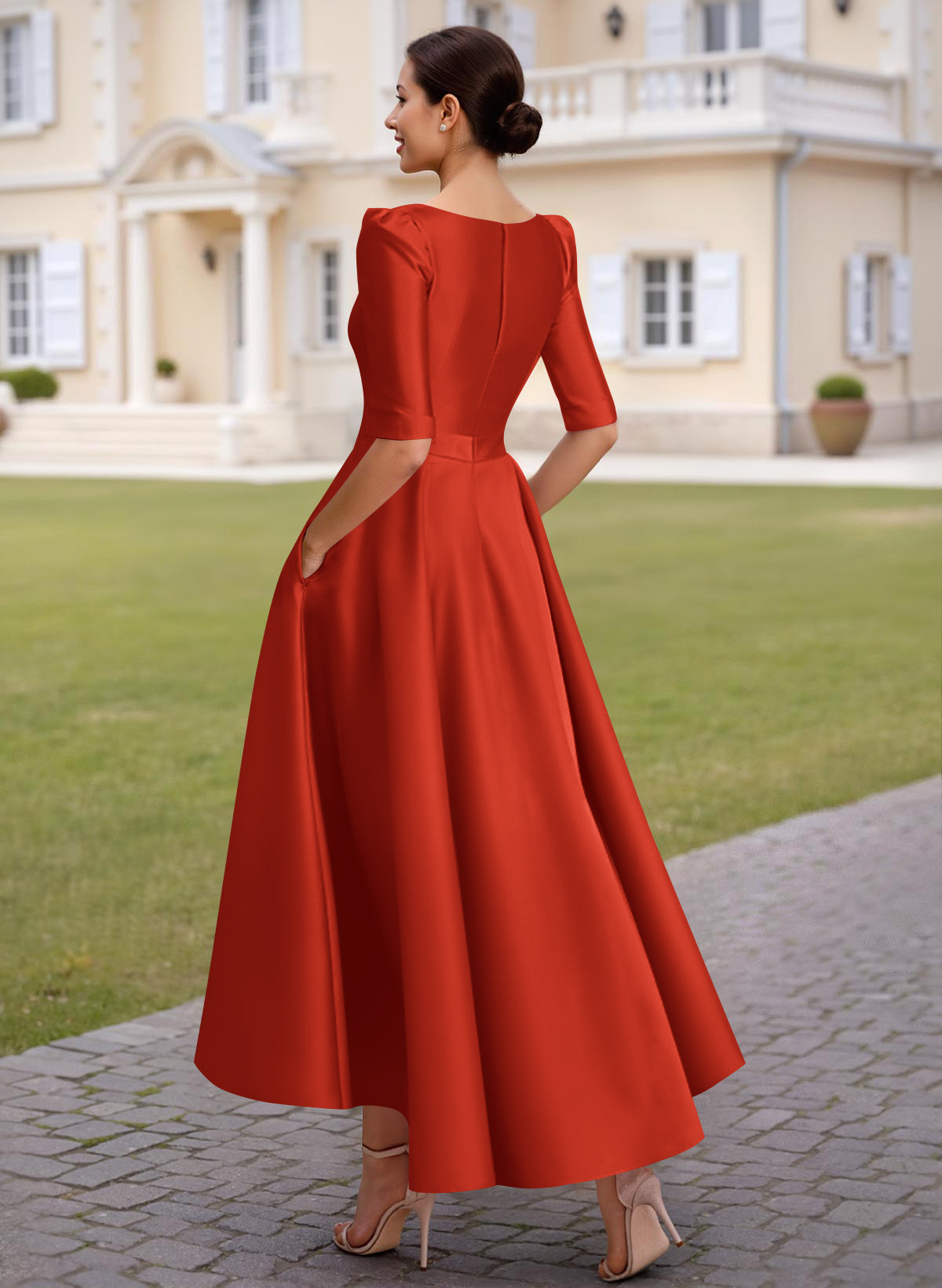 A-Line V-Neck 1/2 Sleeves Ankle-Length Satin Mother Of The Bride Dresses