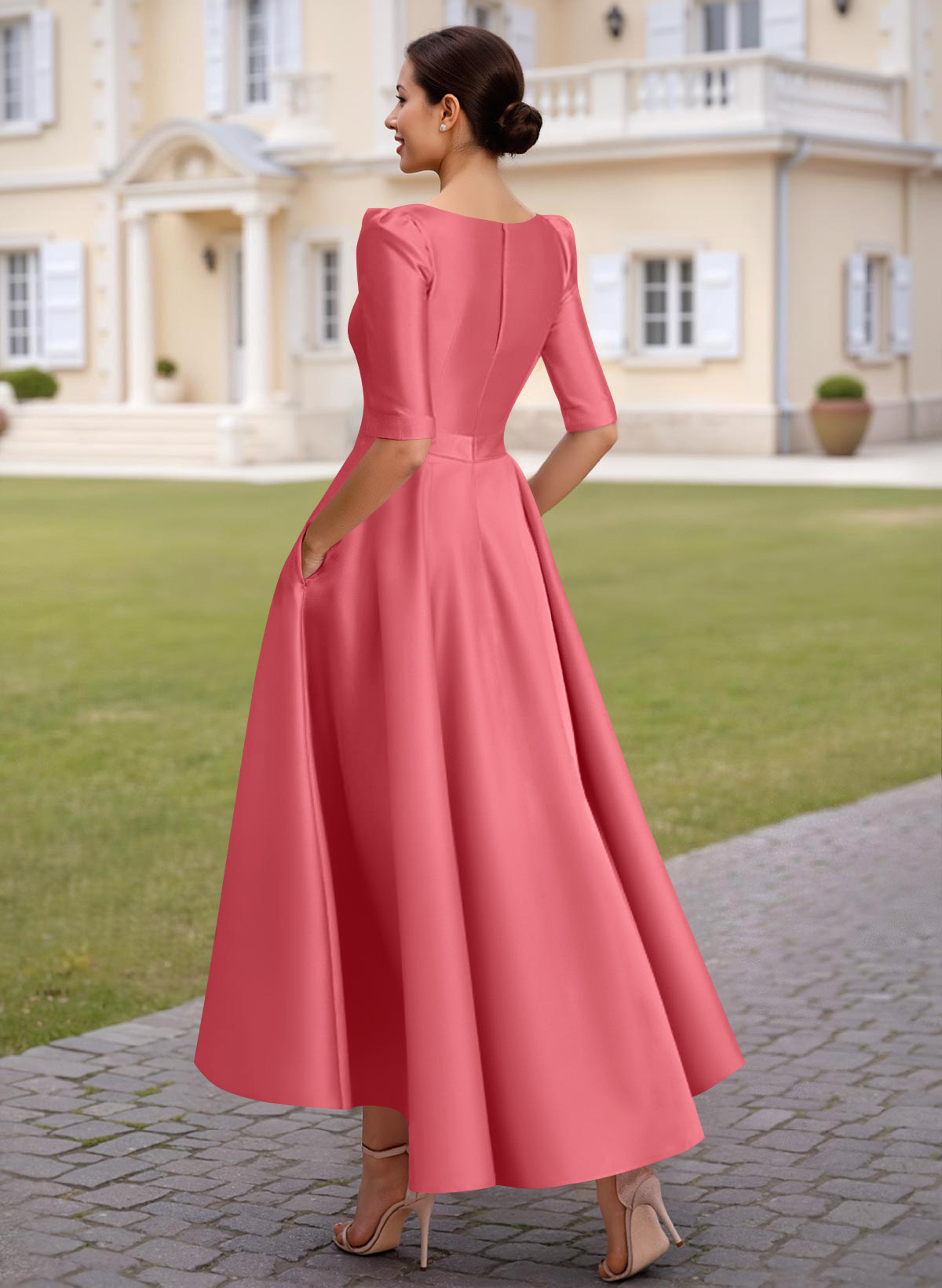 A-Line V-Neck 1/2 Sleeves Ankle-Length Satin Mother Of The Bride Dresses