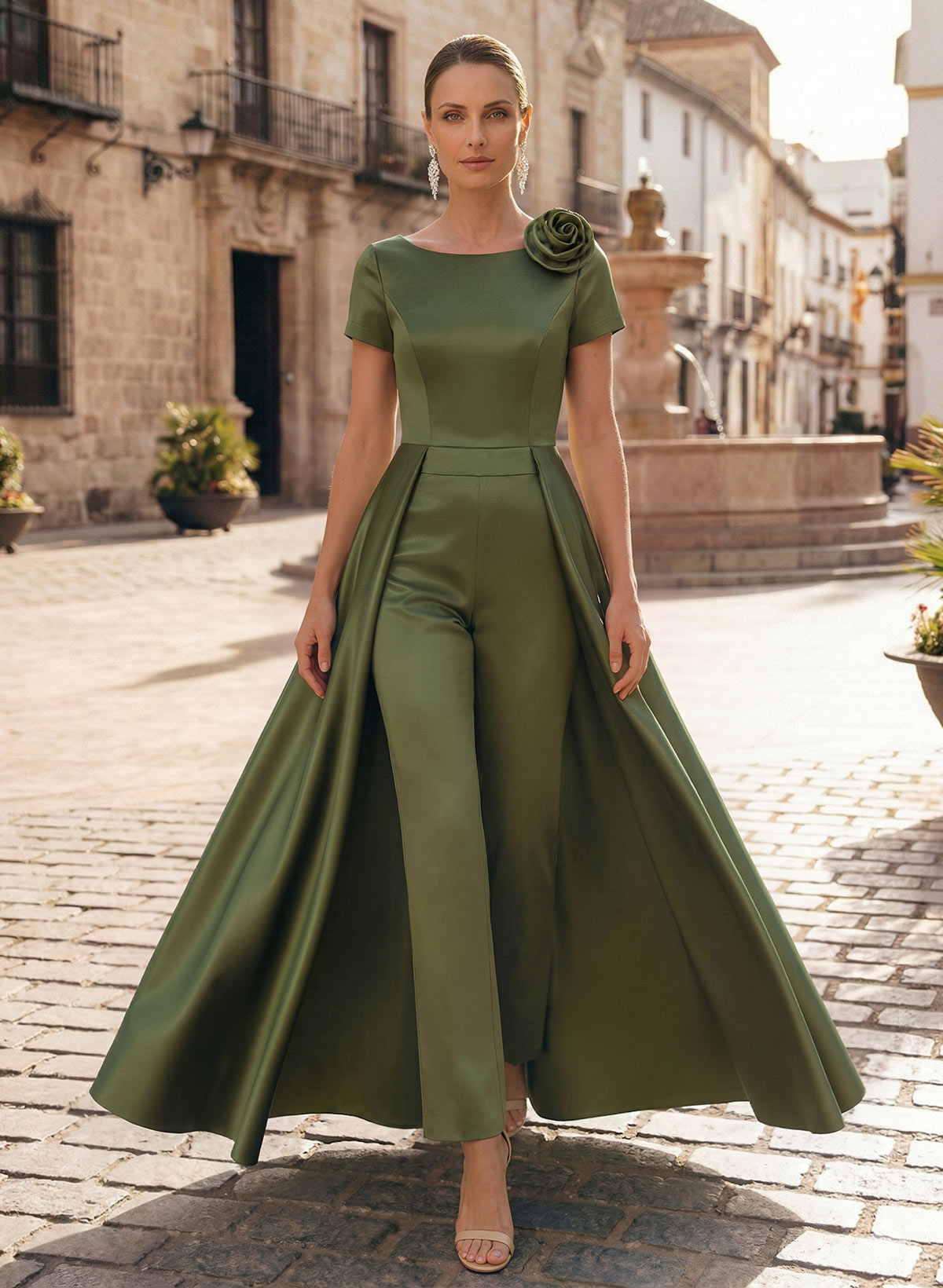 Pantsuit Scoop Neck Short Sleeves Ankle-Length Satin Mother Of The Bride Dresses