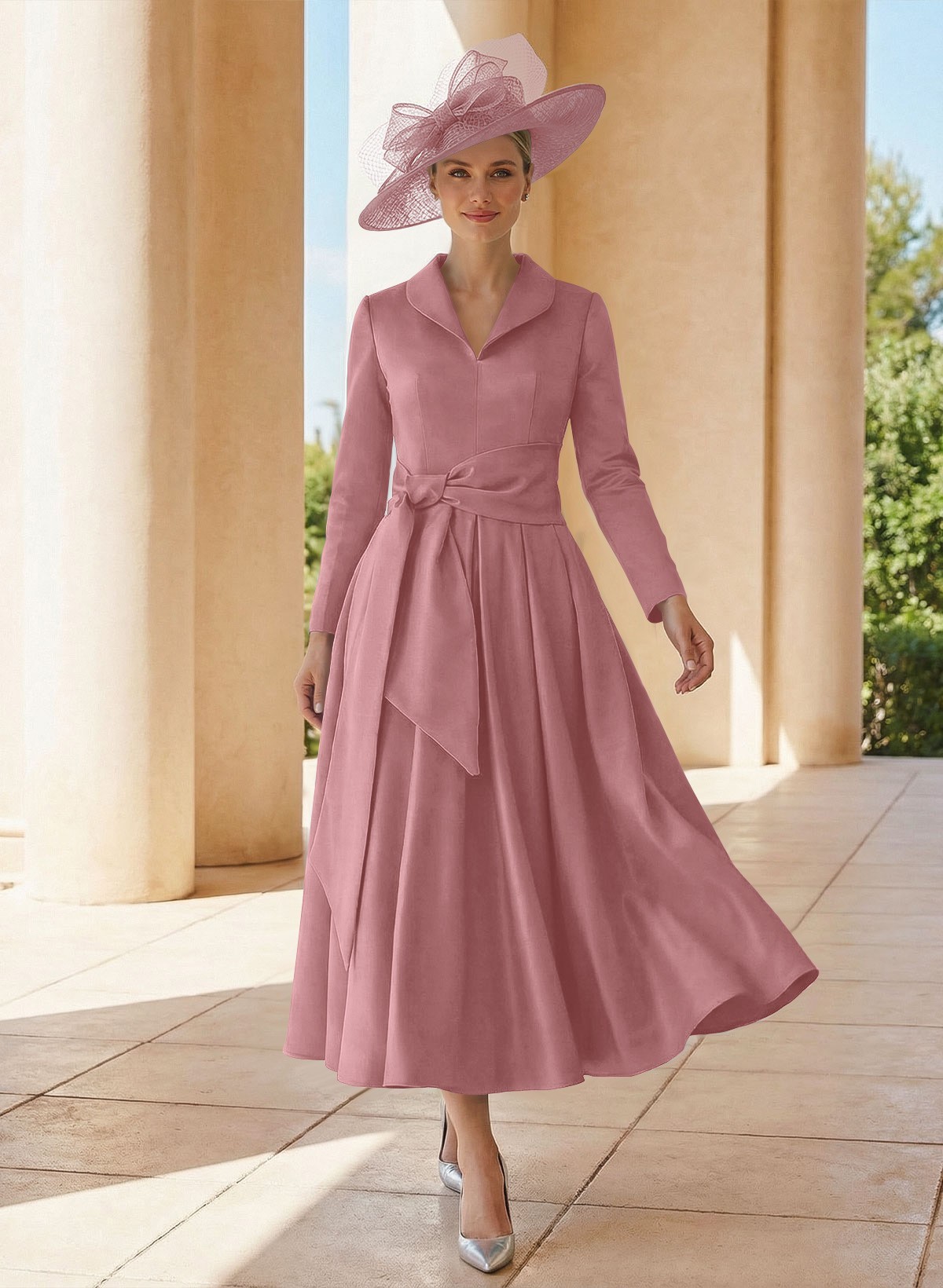 A-Line V-Neck Long Sleeves Ankle-Length Satin Mother Of The Bride Dresses With Bow(s)/Pleated