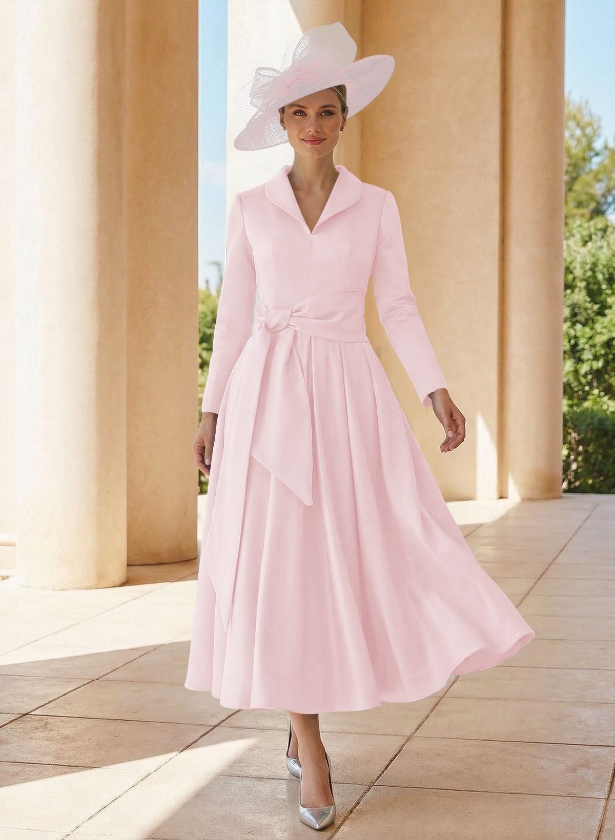 A-Line V-Neck Long Sleeves Ankle-Length Satin Mother Of The Bride Dresses With Bow(s)/Pleated
