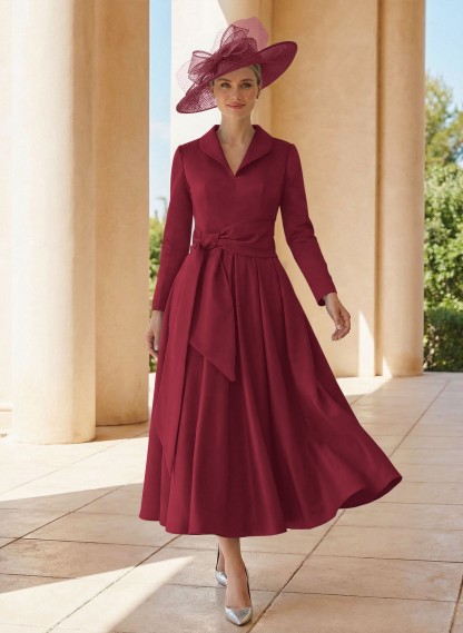 A-Line V-Neck Long Sleeves Ankle-Length Satin Mother Of The Bride Dresses With Bow(s)/Pleated
