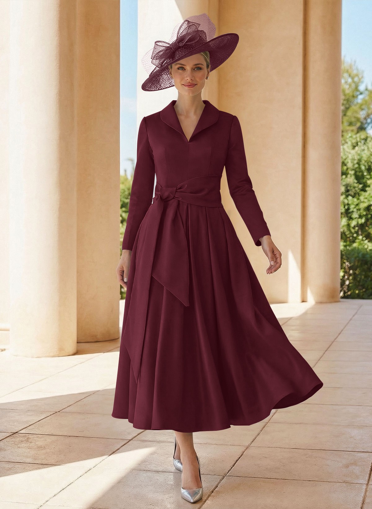 A-Line V-Neck Long Sleeves Ankle-Length Satin Mother Of The Bride Dresses With Bow(s)/Pleated