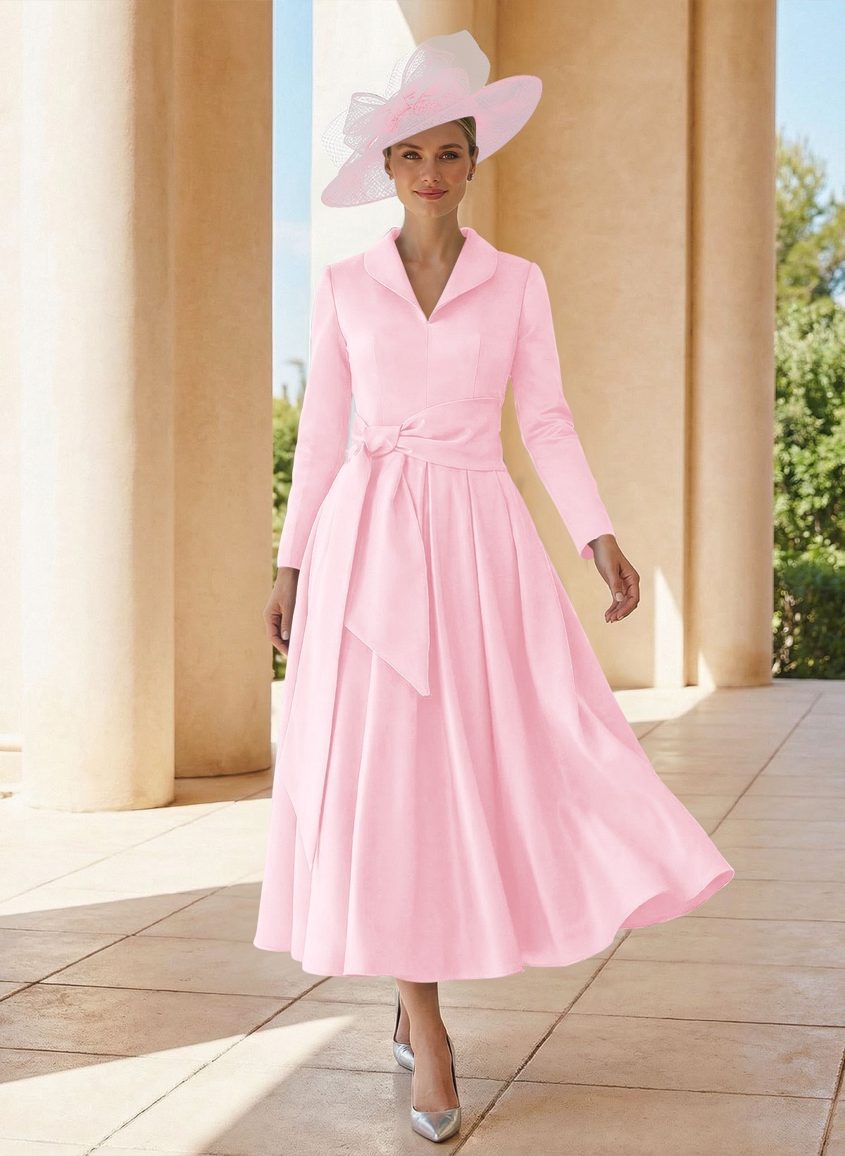 A-Line V-Neck Long Sleeves Ankle-Length Satin Mother Of The Bride Dresses With Bow(s)/Pleated