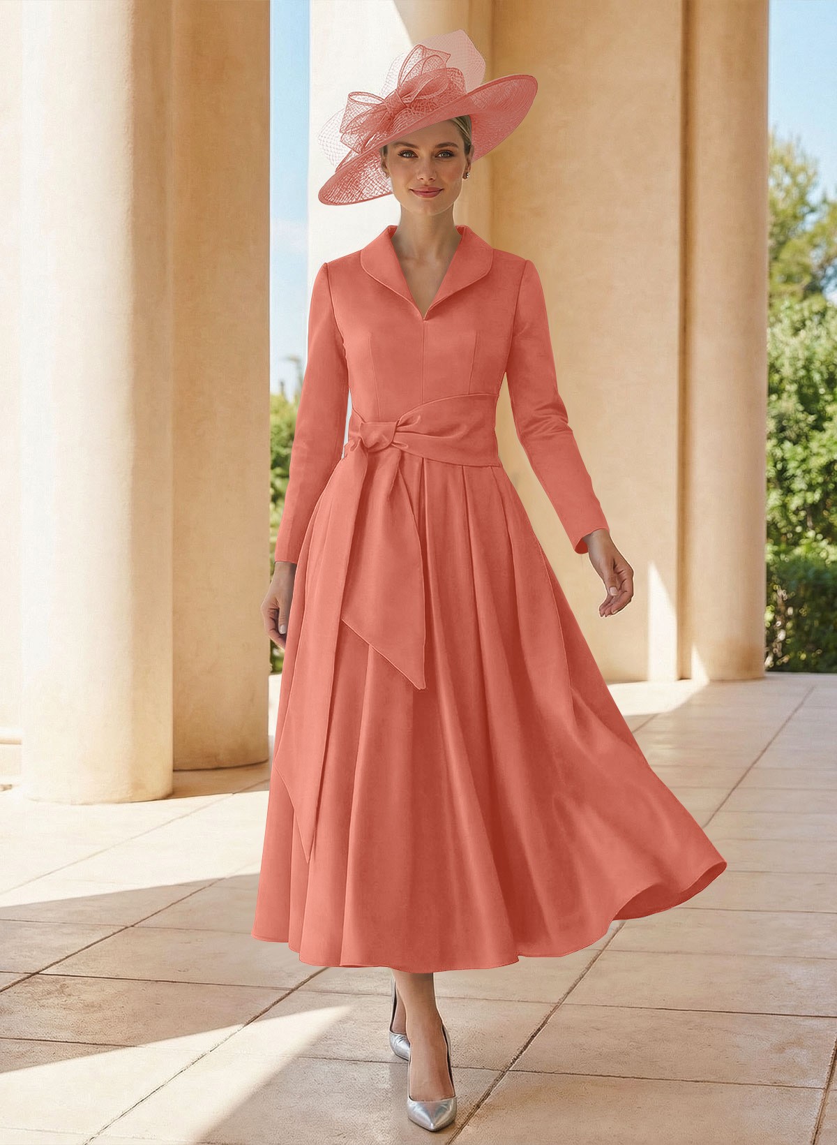 A-Line V-Neck Long Sleeves Ankle-Length Satin Mother Of The Bride Dresses With Bow(s)/Pleated