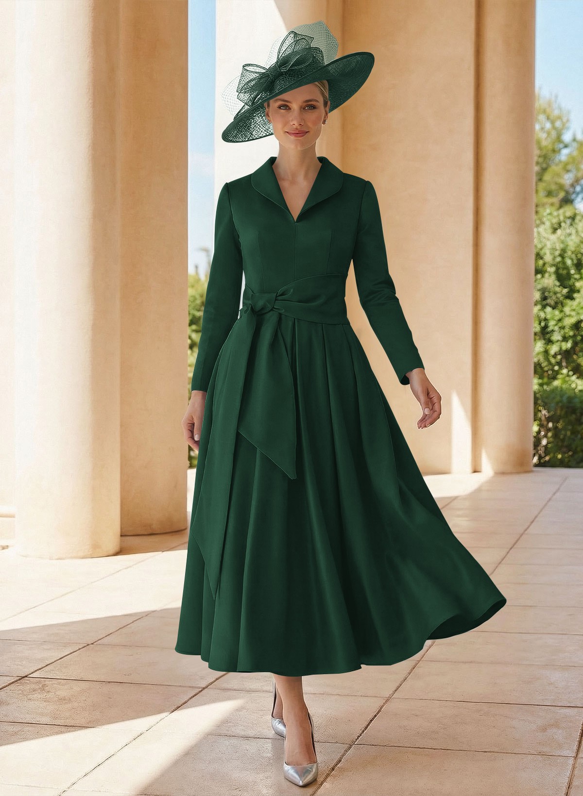 A-Line V-Neck Long Sleeves Ankle-Length Satin Mother Of The Bride Dresses With Bow(s)/Pleated