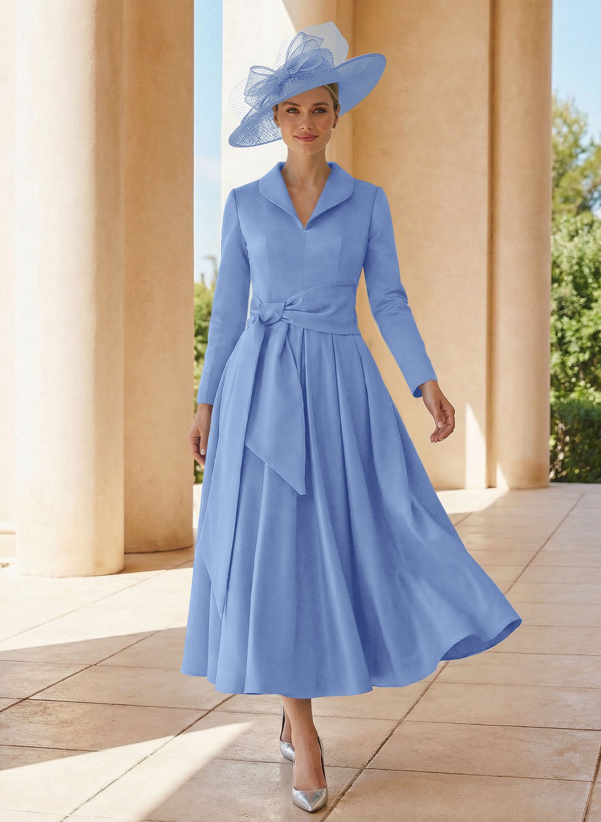 A-Line V-Neck Long Sleeves Ankle-Length Satin Mother Of The Bride Dresses With Bow(s)/Pleated