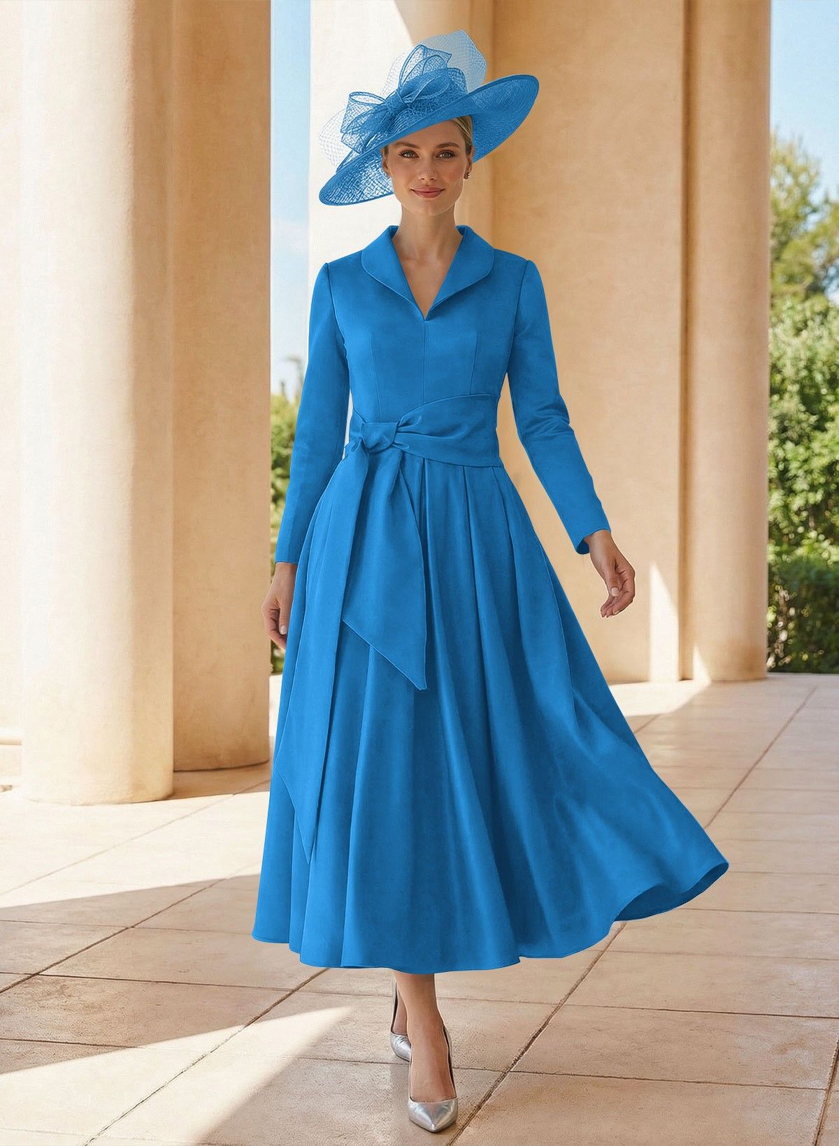 A-Line V-Neck Long Sleeves Ankle-Length Satin Mother Of The Bride Dresses With Bow(s)/Pleated