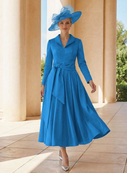 A-Line V-Neck Long Sleeves Ankle-Length Satin Mother Of The Bride Dresses With Bow(s)/Pleated