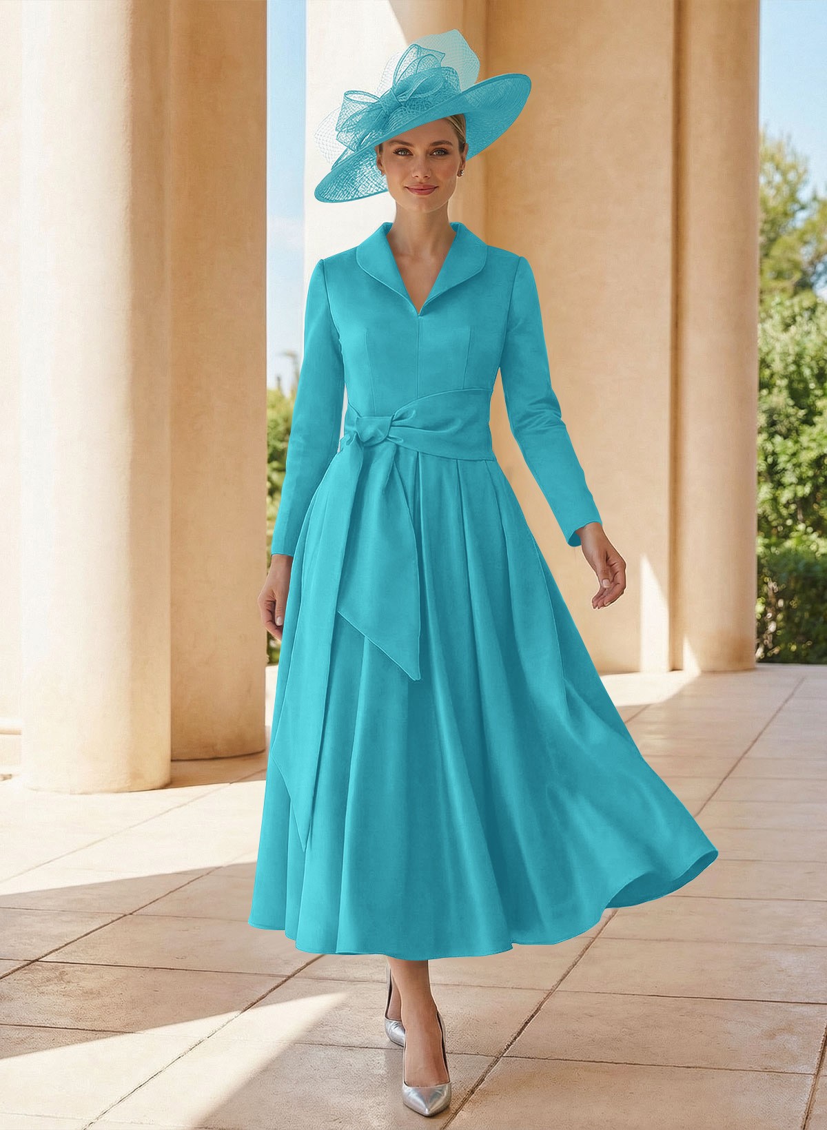 A-Line V-Neck Long Sleeves Ankle-Length Satin Mother Of The Bride Dresses With Bow(s)/Pleated