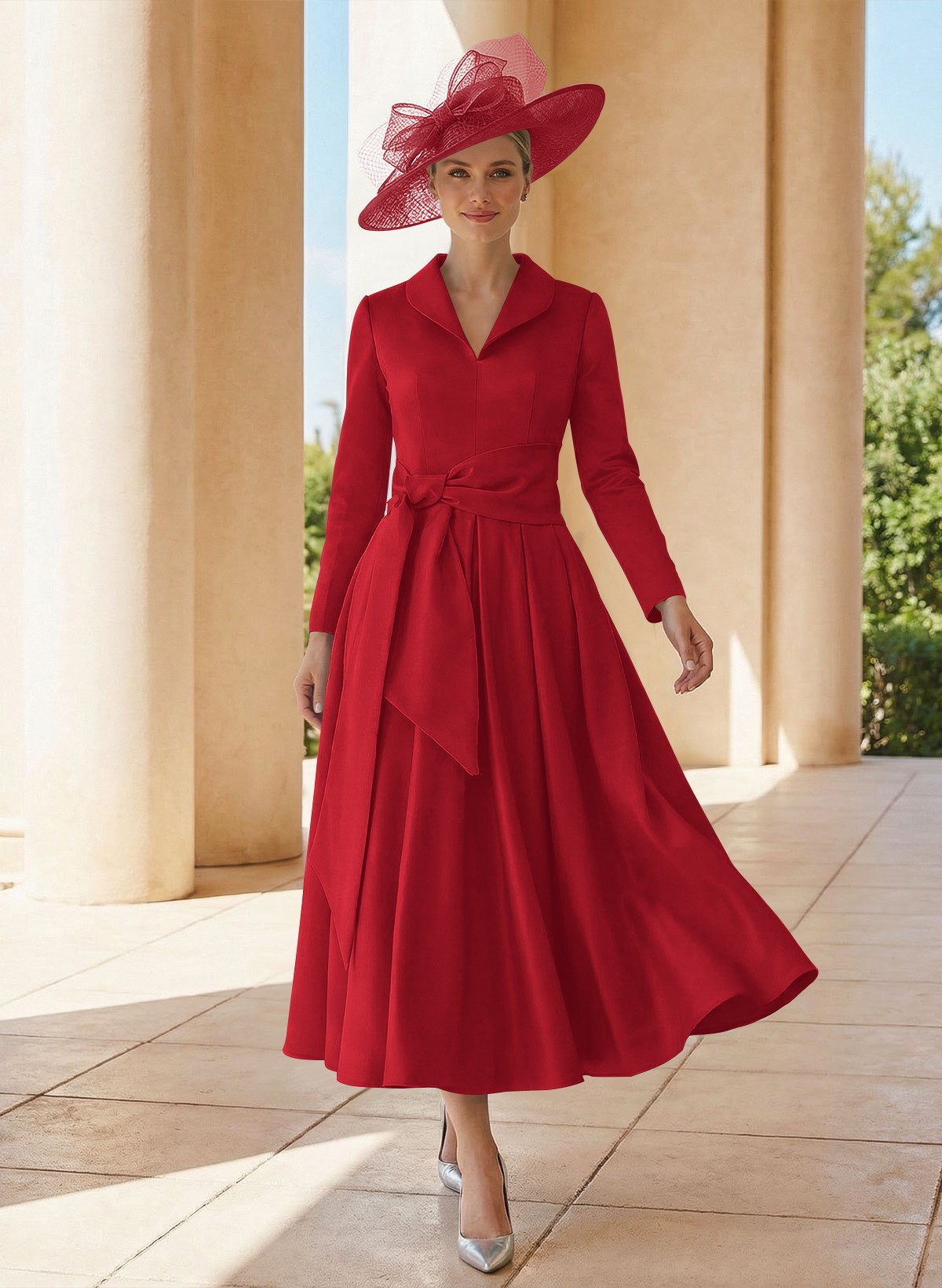 A-Line V-Neck Long Sleeves Ankle-Length Satin Mother Of The Bride Dresses With Bow(s)/Pleated