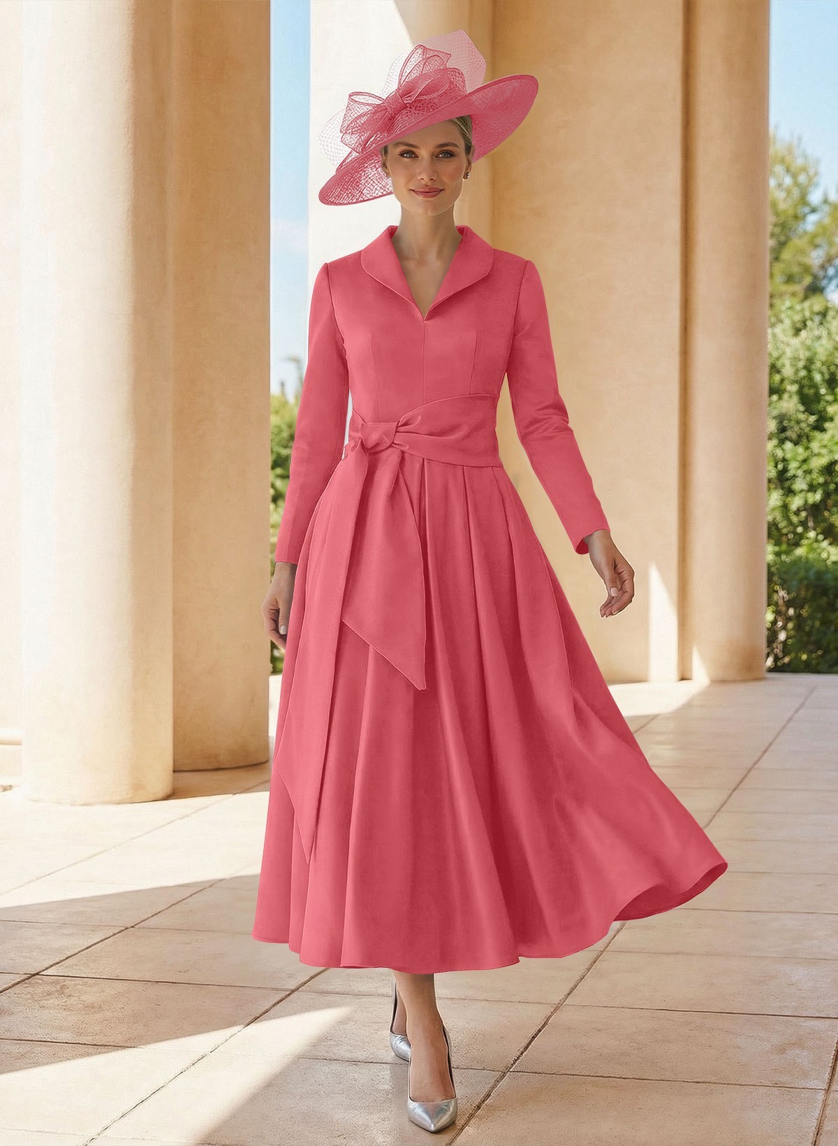 A-Line V-Neck Long Sleeves Ankle-Length Satin Mother Of The Bride Dresses With Bow(s)/Pleated