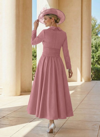 A-Line V-Neck Long Sleeves Ankle-Length Satin Mother Of The Bride Dresses With Bow(s)/Pleated