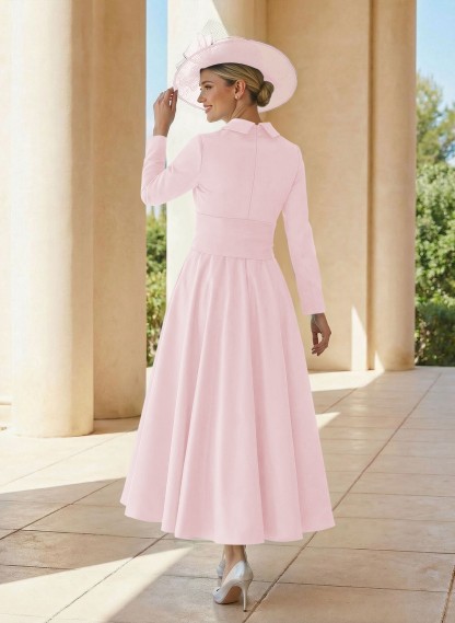A-Line V-Neck Long Sleeves Ankle-Length Satin Mother Of The Bride Dresses With Bow(s)/Pleated
