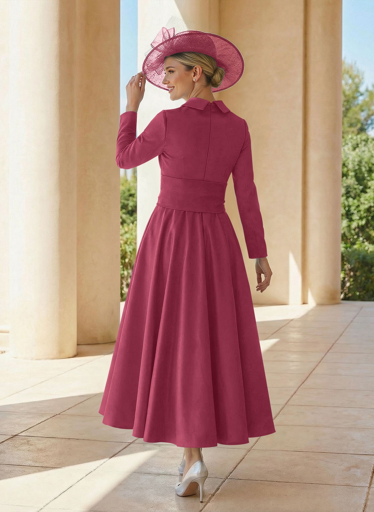A-Line V-Neck Long Sleeves Ankle-Length Satin Mother Of The Bride Dresses With Bow(s)/Pleated