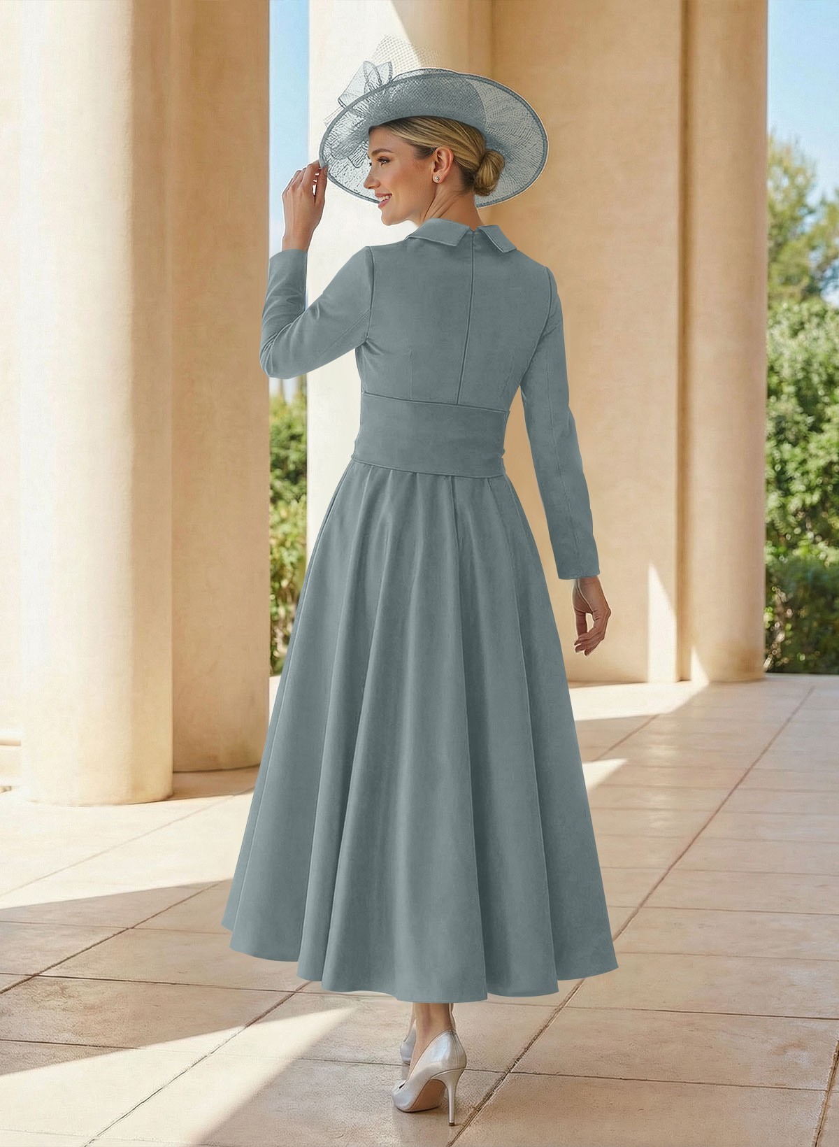 A-Line V-Neck Long Sleeves Ankle-Length Satin Mother Of The Bride Dresses With Bow(s)/Pleated