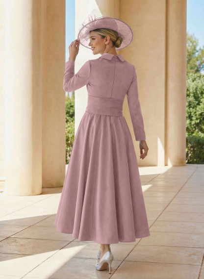 A-Line V-Neck Long Sleeves Ankle-Length Satin Mother Of The Bride Dresses With Bow(s)/Pleated