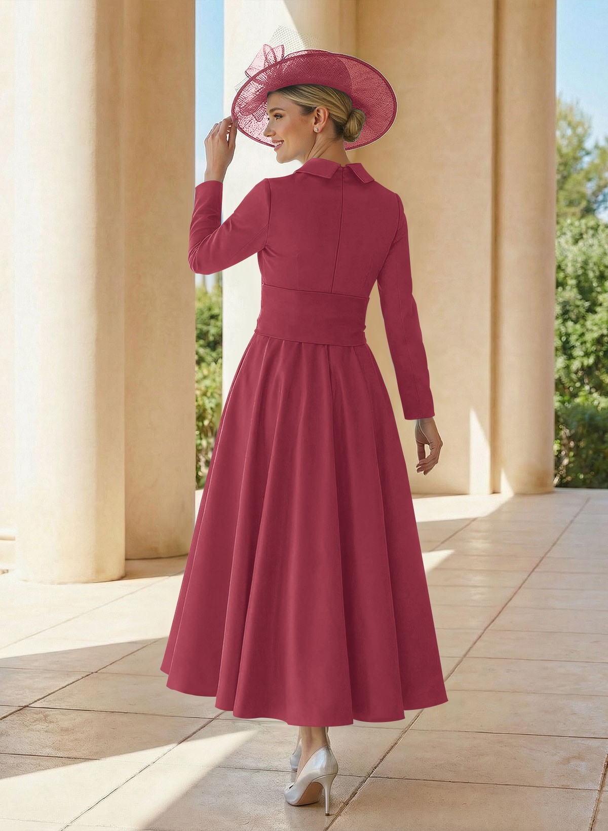 A-Line V-Neck Long Sleeves Ankle-Length Satin Mother Of The Bride Dresses With Bow(s)/Pleated