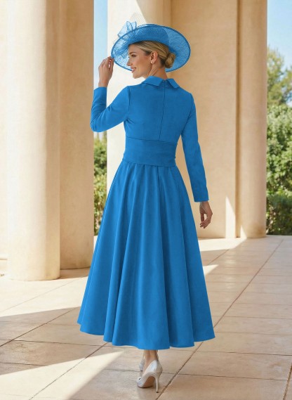 A-Line V-Neck Long Sleeves Ankle-Length Satin Mother Of The Bride Dresses With Bow(s)/Pleated