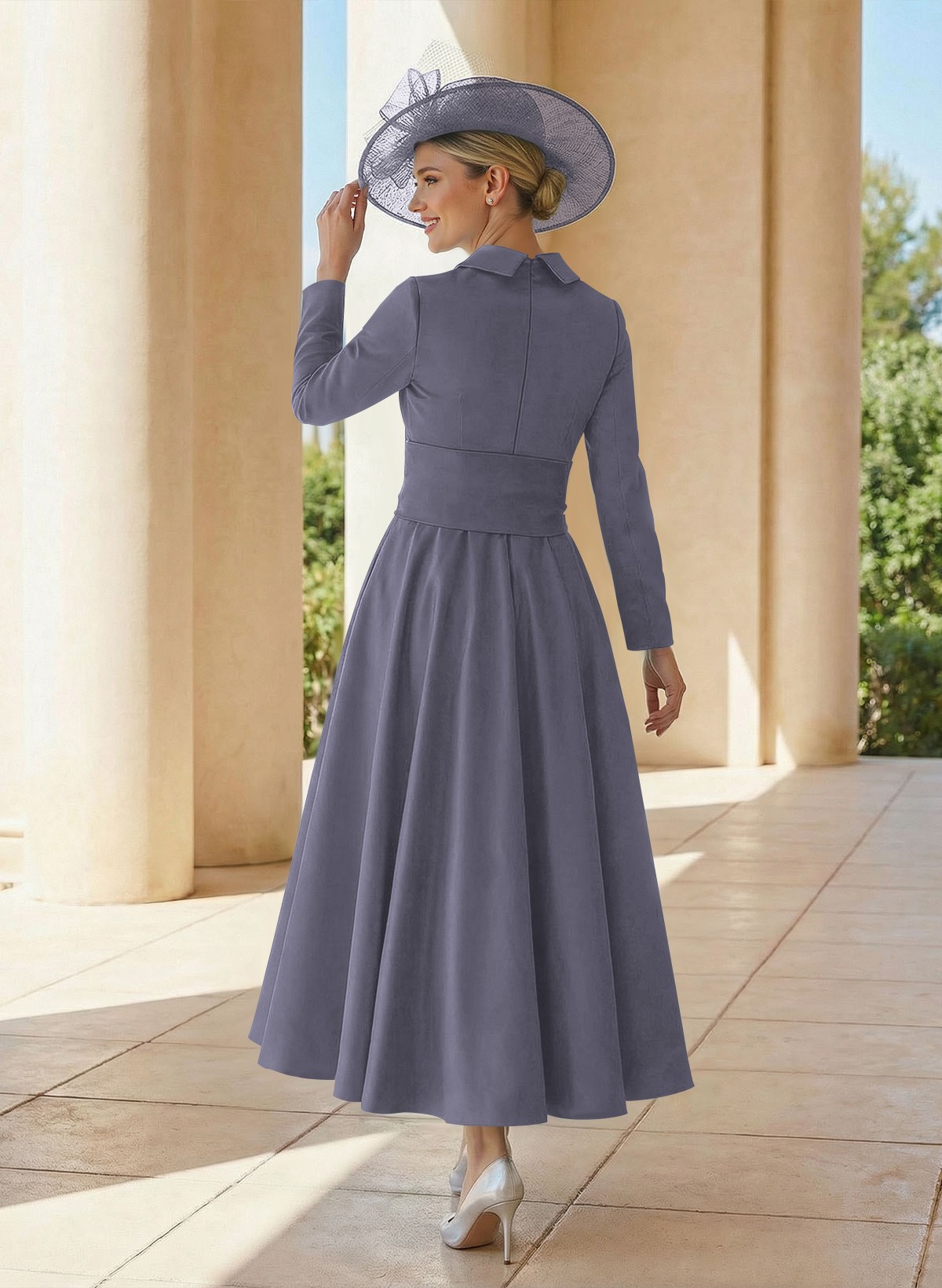 A-Line V-Neck Long Sleeves Ankle-Length Satin Mother Of The Bride Dresses With Bow(s)/Pleated