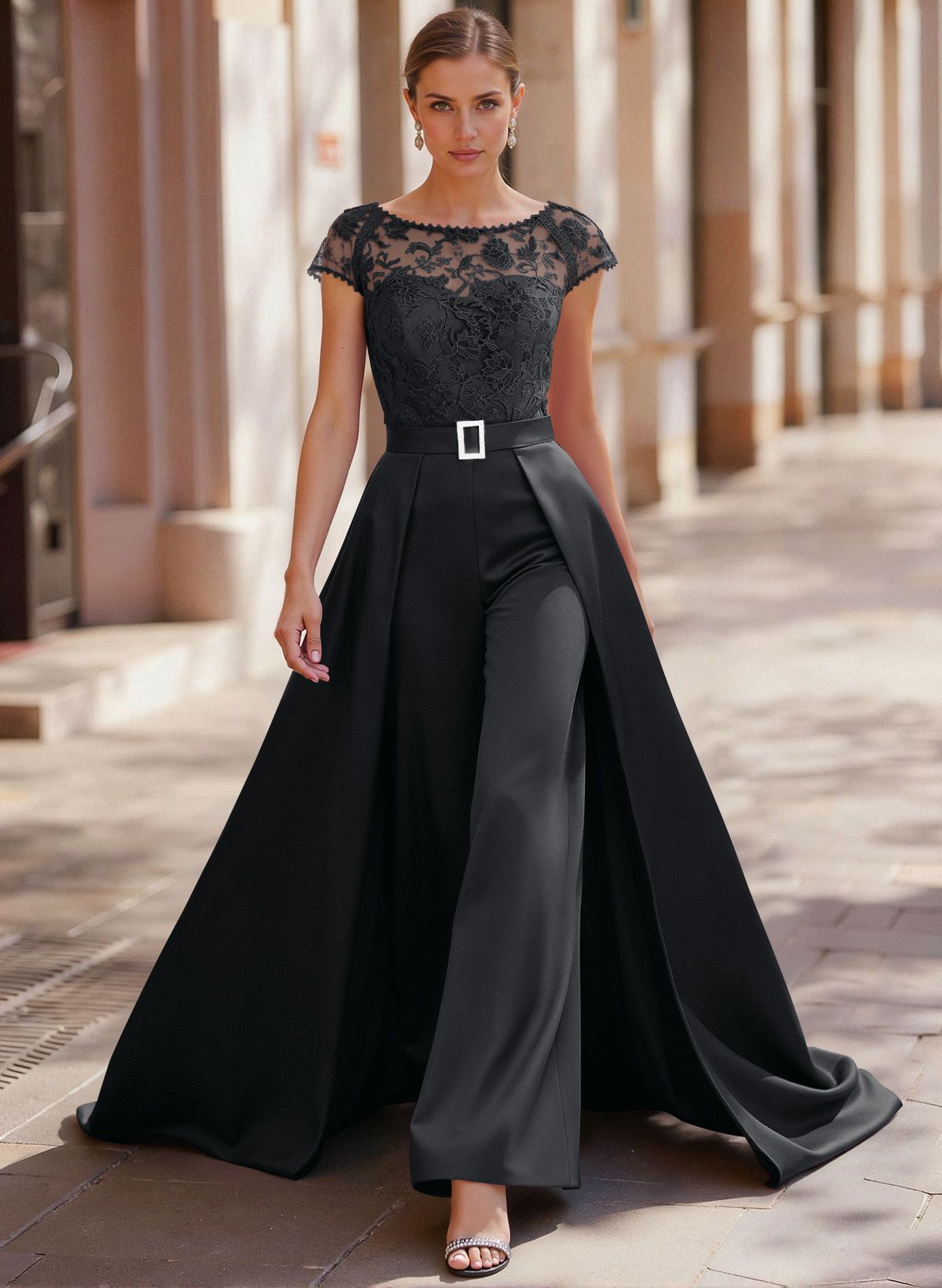 Jumpsuit/Pantsuit Scoop Neck Short Sleeves Detachable Lace/Satin Mother Of The Bride Dresses