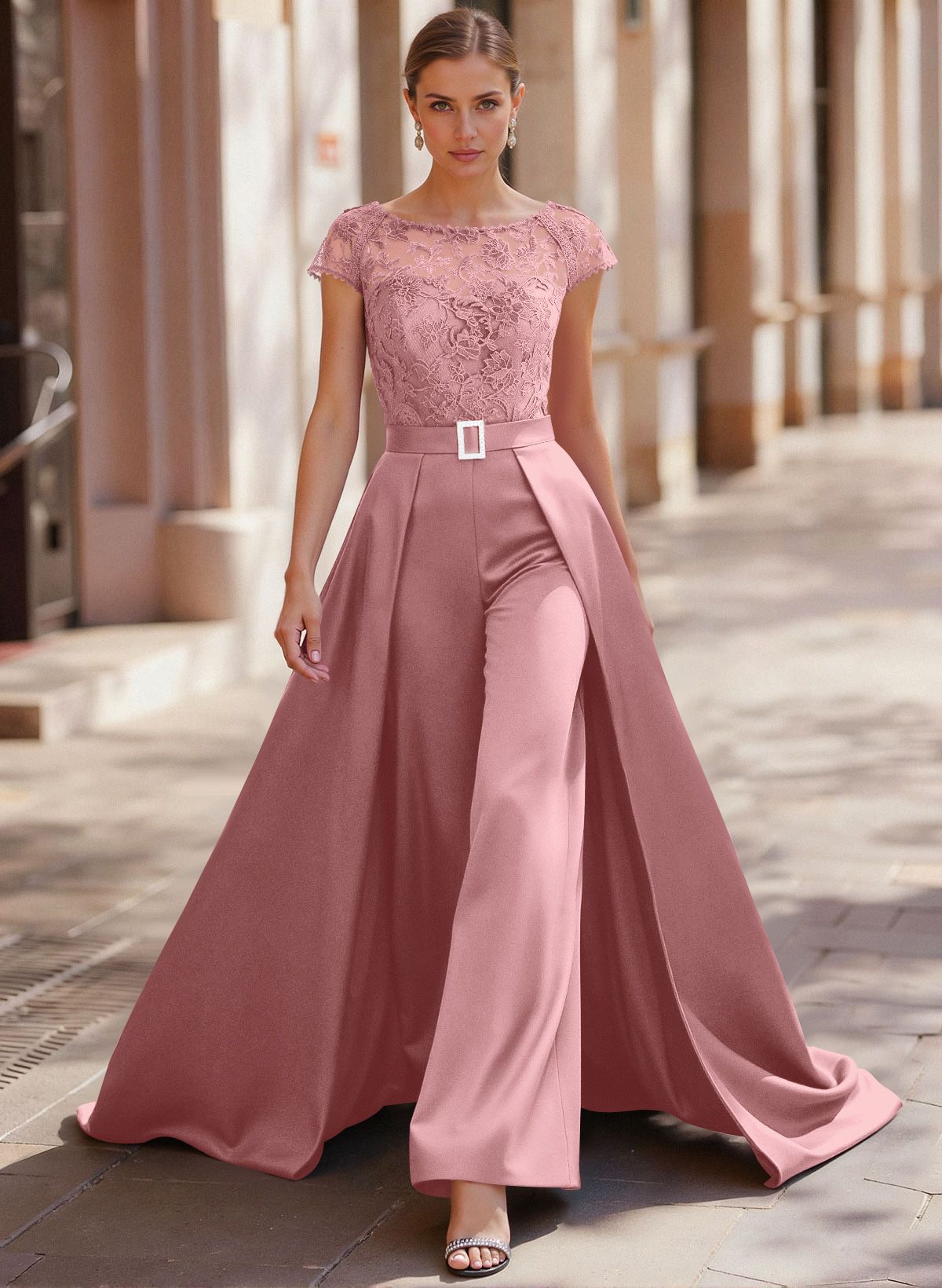 Jumpsuit/Pantsuit Scoop Neck Short Sleeves Detachable Lace/Satin Mother Of The Bride Dresses