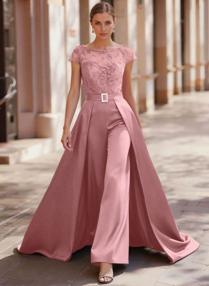 Jumpsuit/Pantsuit Scoop Neck Short Sleeves Detachable Lace/Satin Mother Of The Bride Dresses